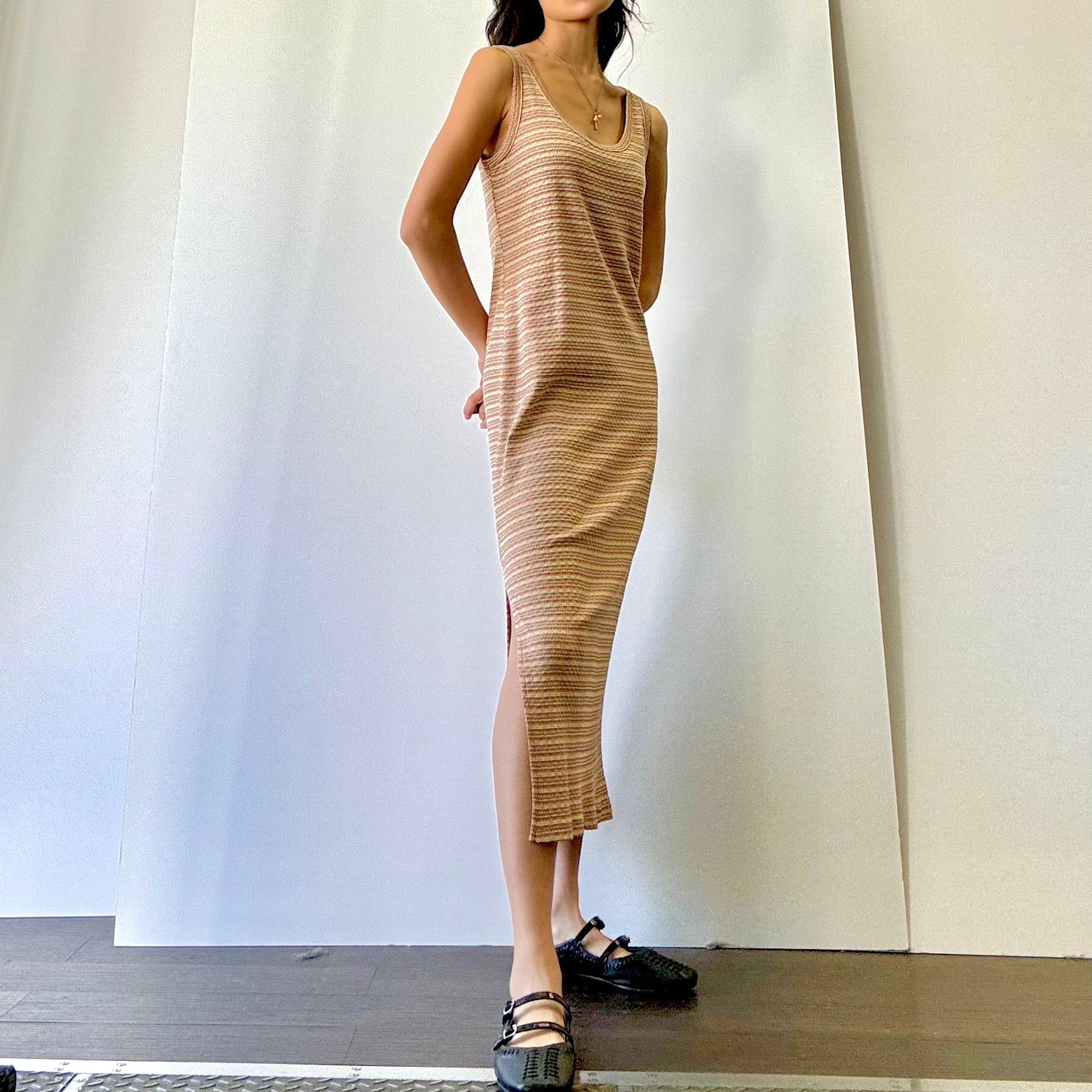 Striped U-neck Midi Dress - Rust/Gold