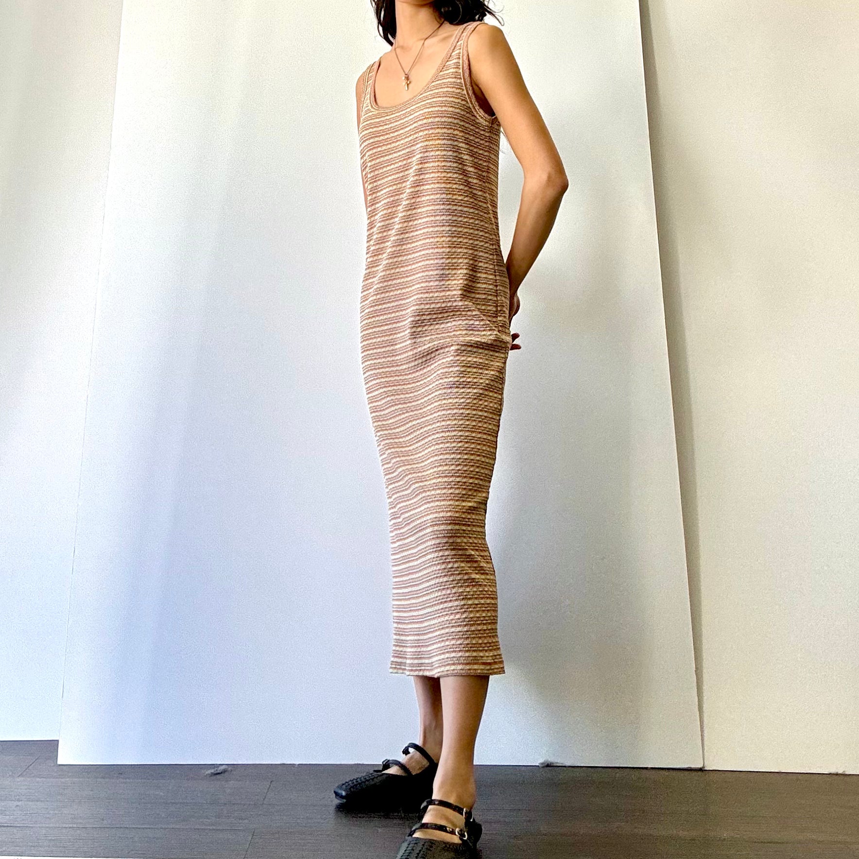 Striped U-neck Midi Dress - Rust/Gold