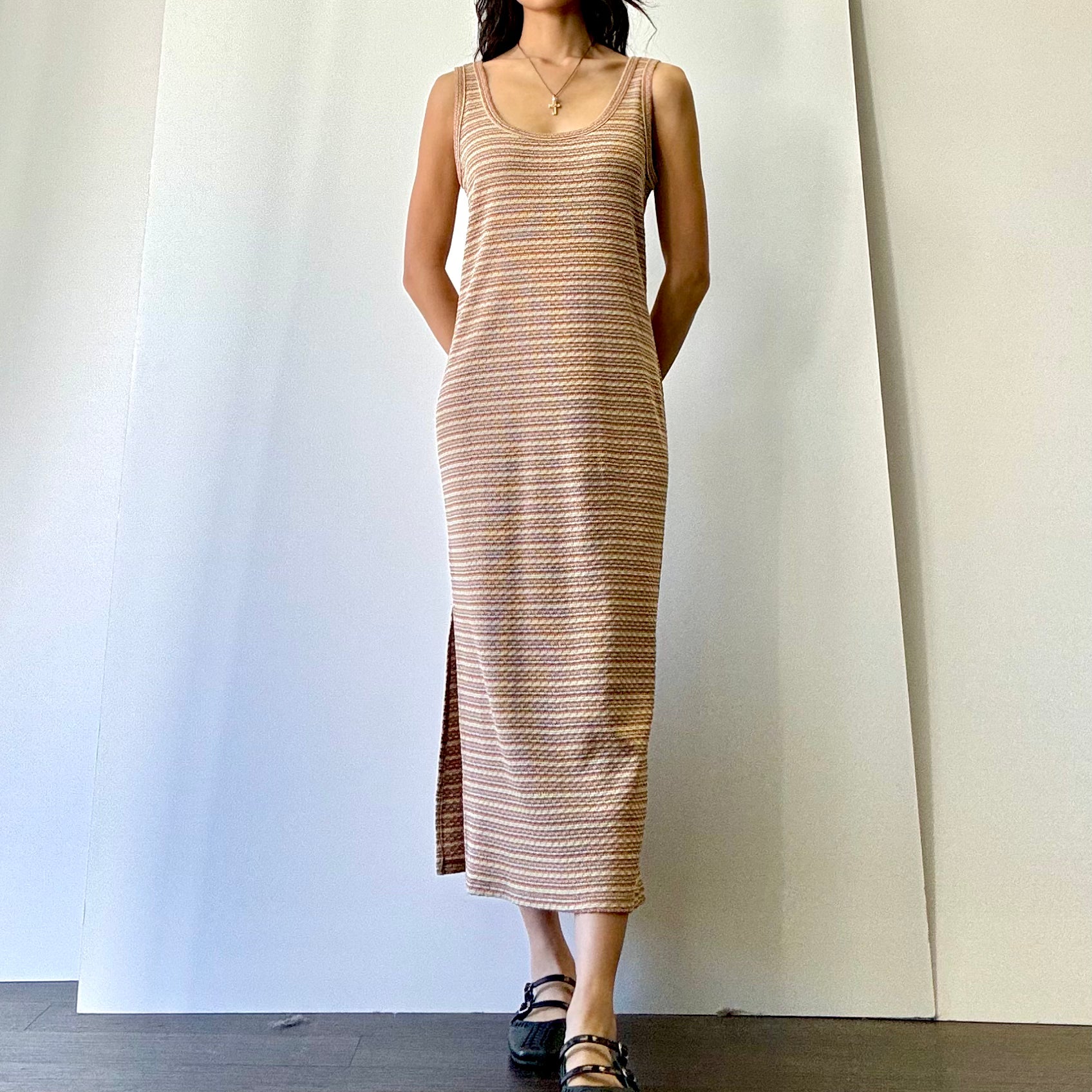 Striped U-neck Midi Dress - Rust/Gold