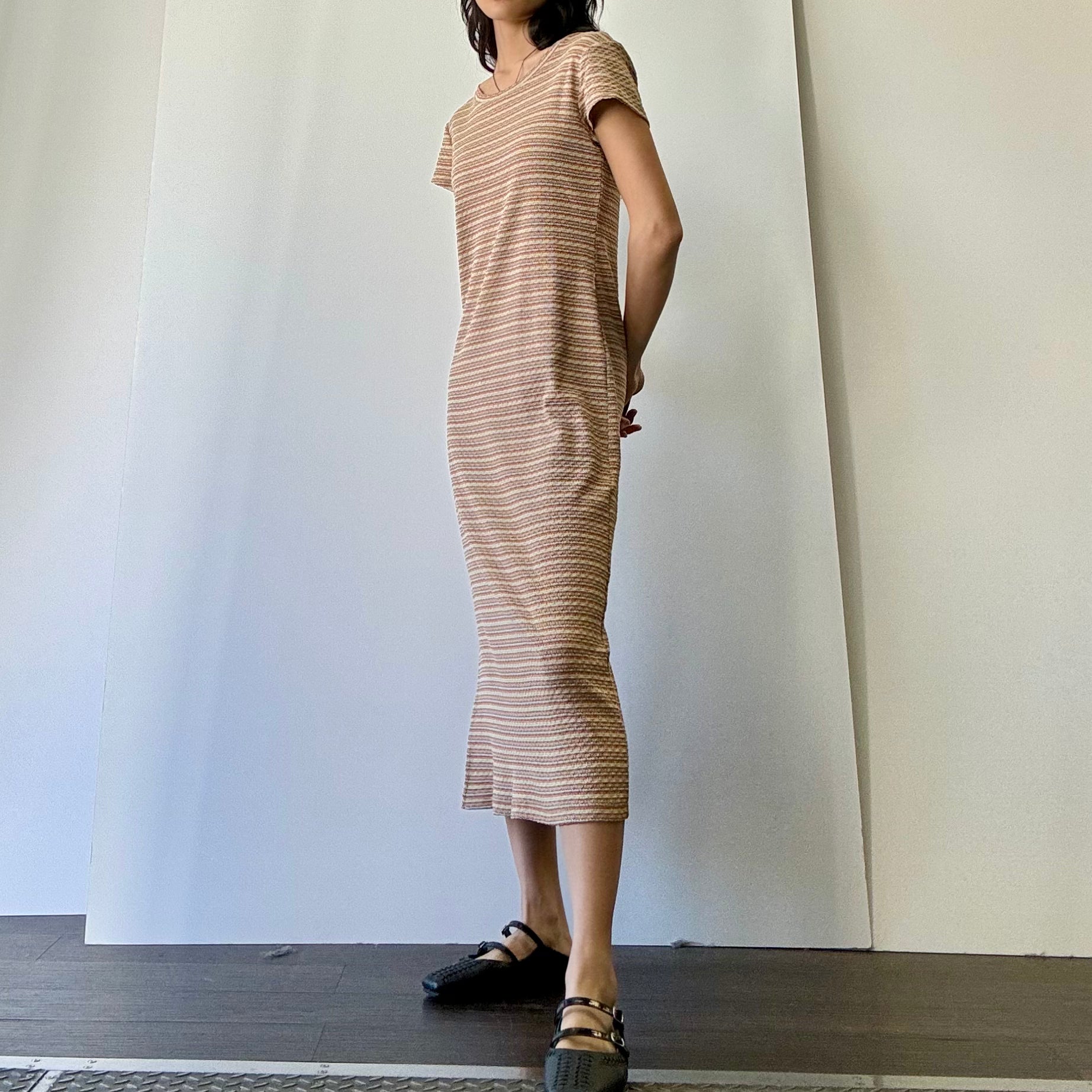 Striped Short Sleeve Midi Dress - Rust/Gold