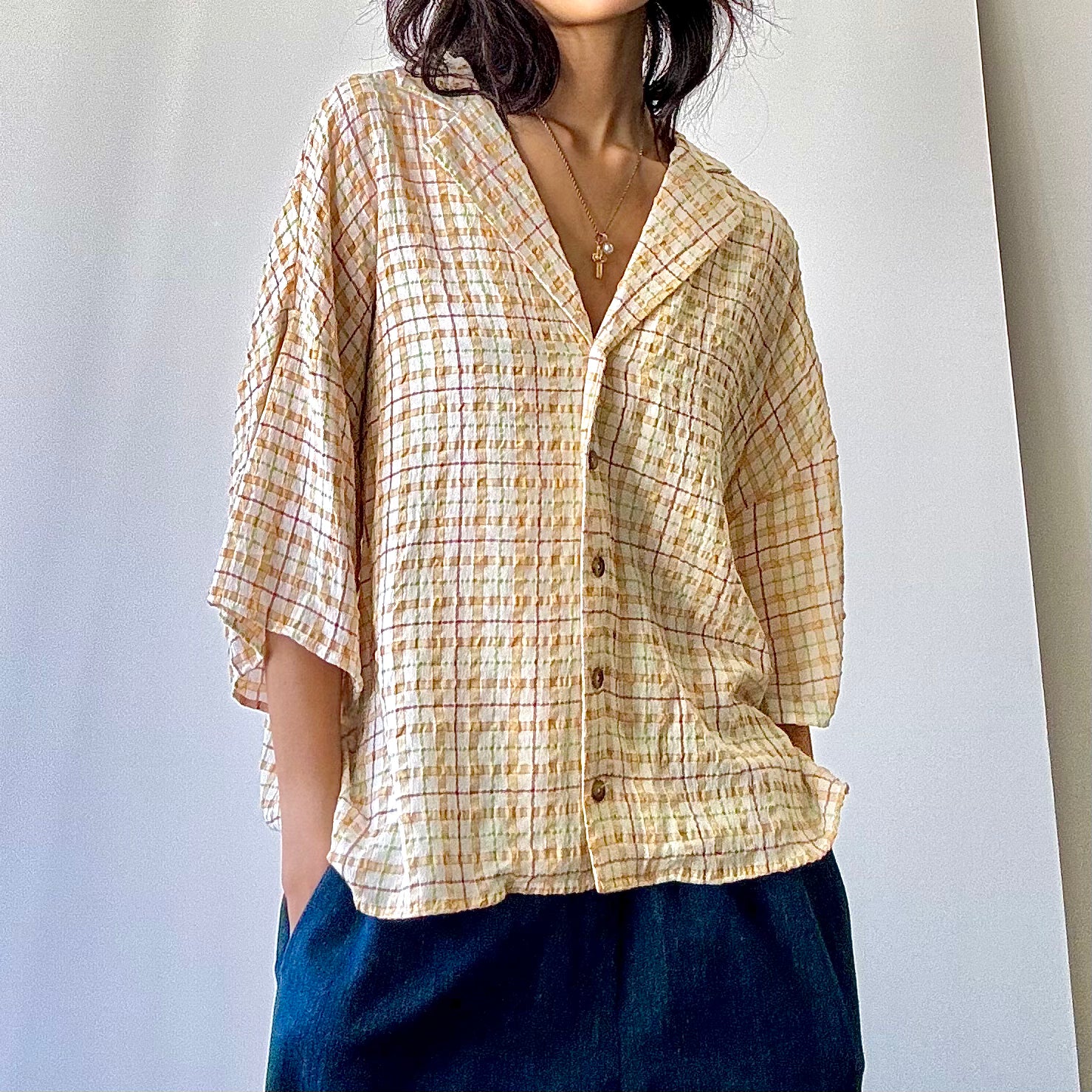 Deadstock Plaid Button Down Shirt - Ivory/Yellow/Lime