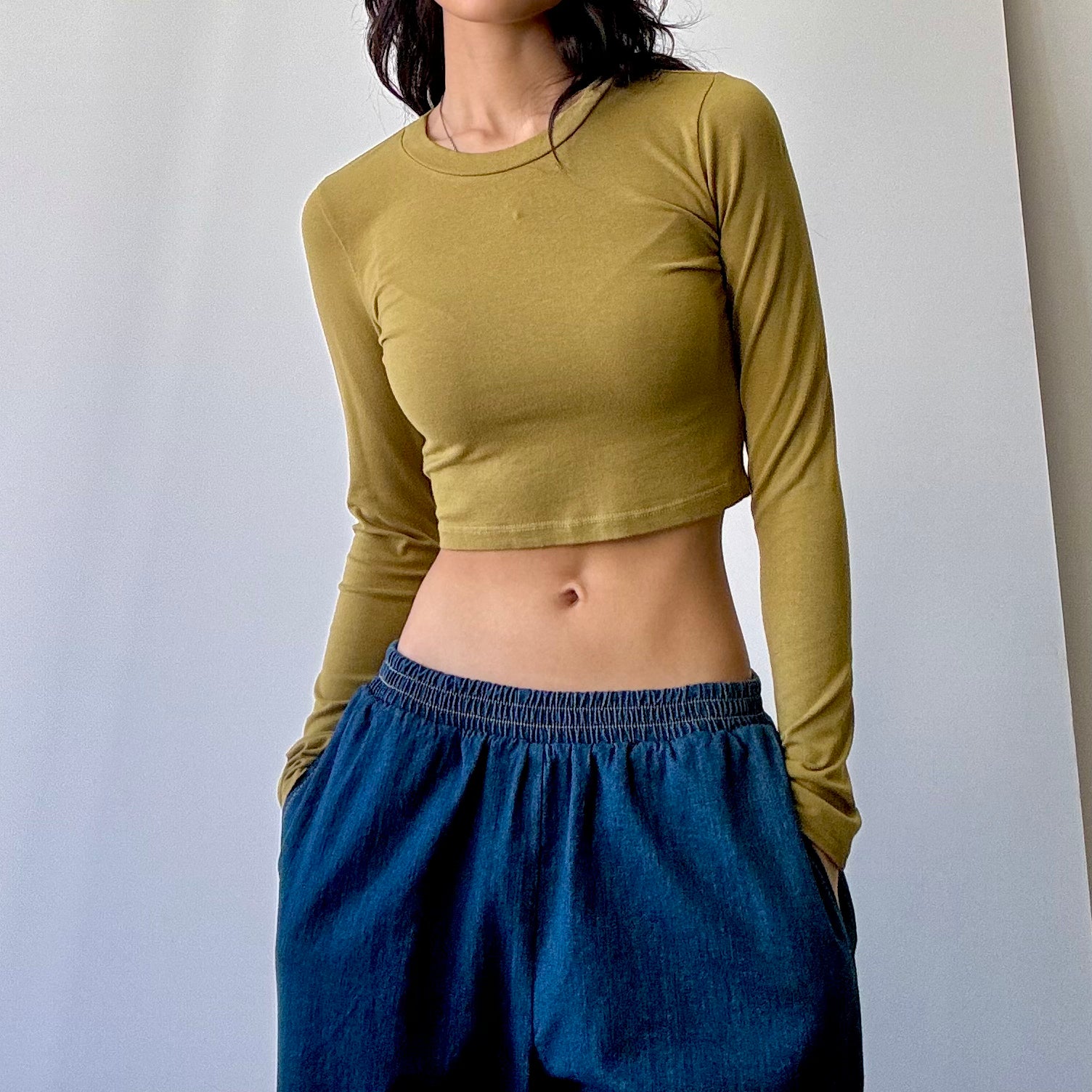 Hemp Cotton Jersey Spandex Crop Long Sleeve Tee - Acid Green