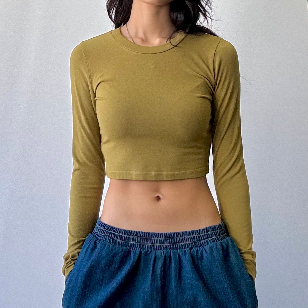 Hemp Cotton Jersey Spandex Crop Long Sleeve Tee - Acid Green