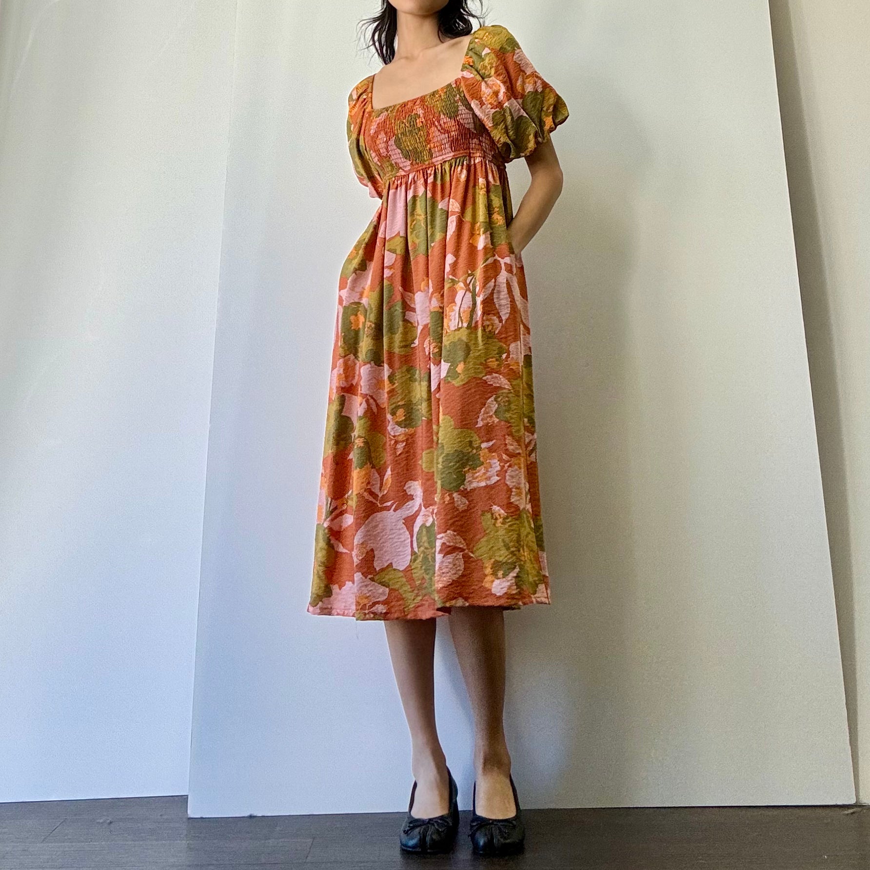 Smocked Floral Dress - Rust/Olive/Pink