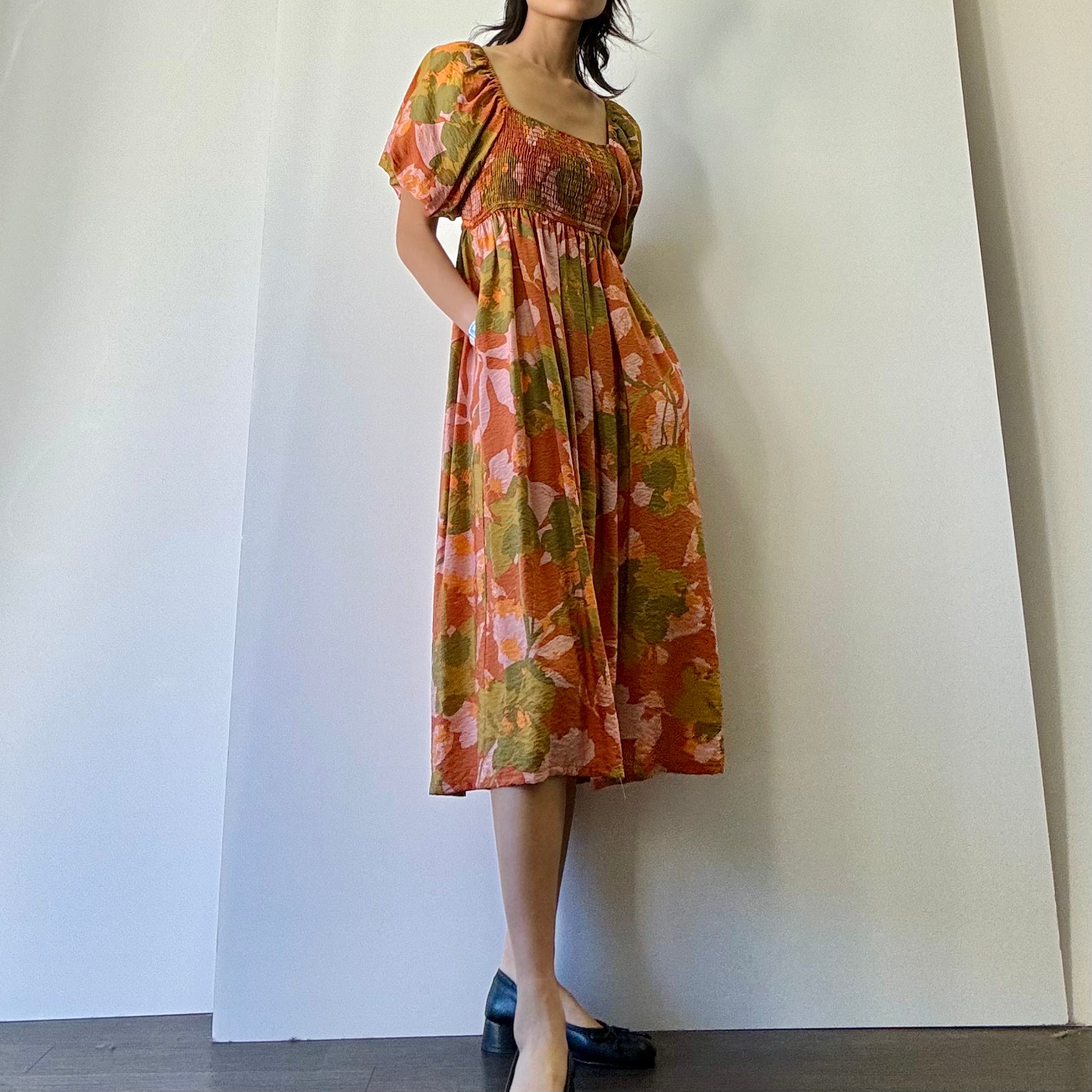 Smocked Floral Dress - Rust/Olive/Pink