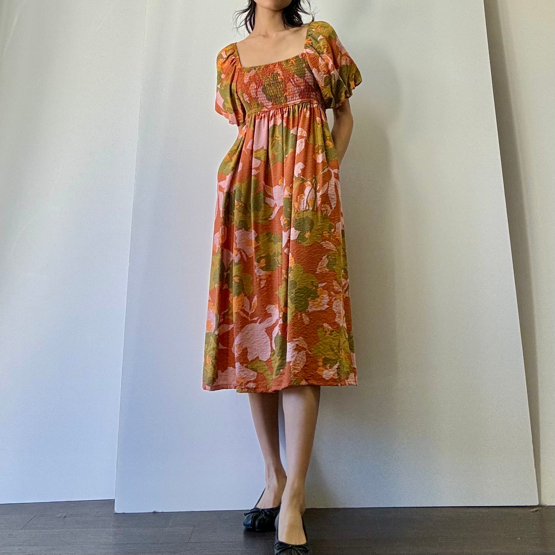 Smocked Floral Dress - Rust/Olive/Pink