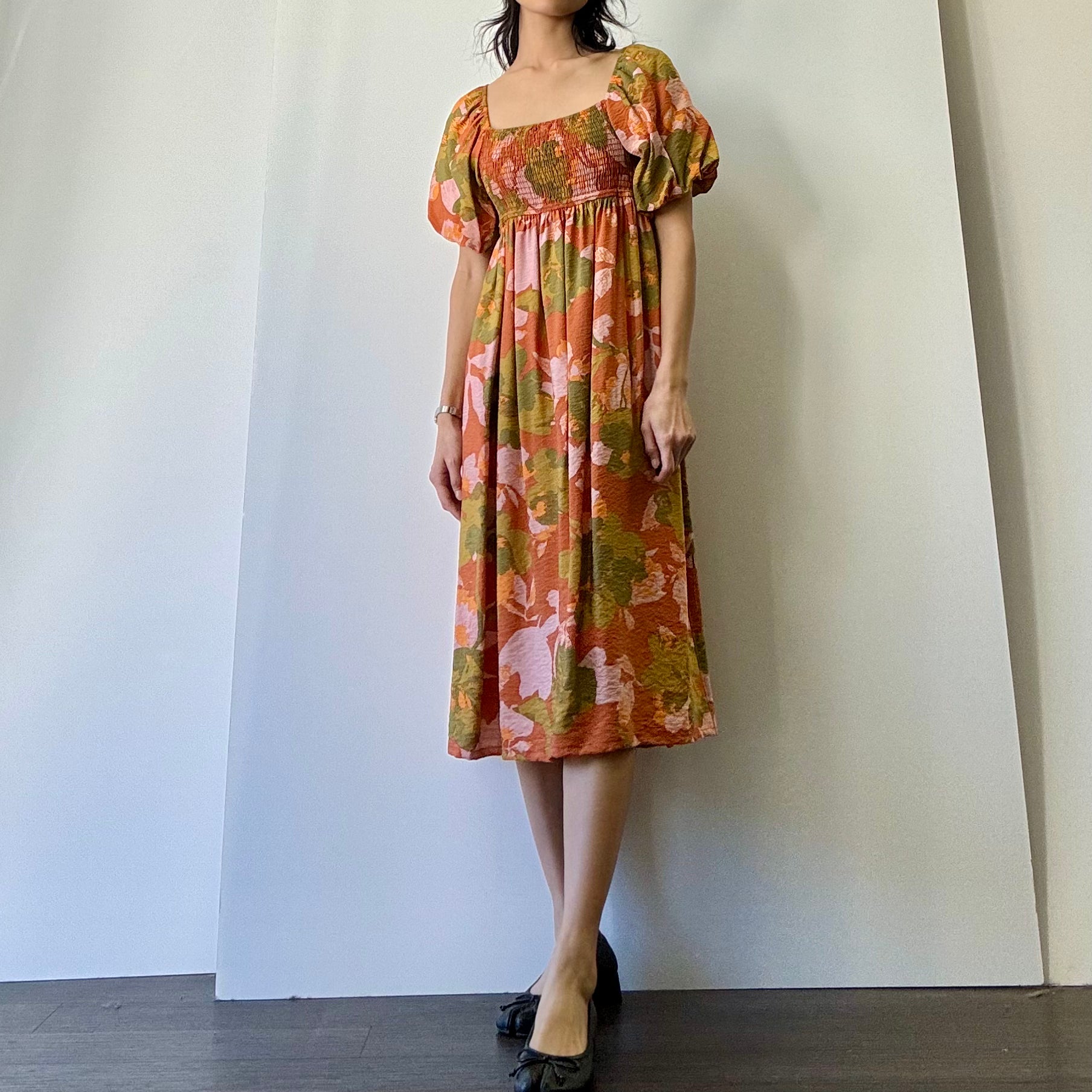 Smocked Floral Dress - Rust/Olive/Pink