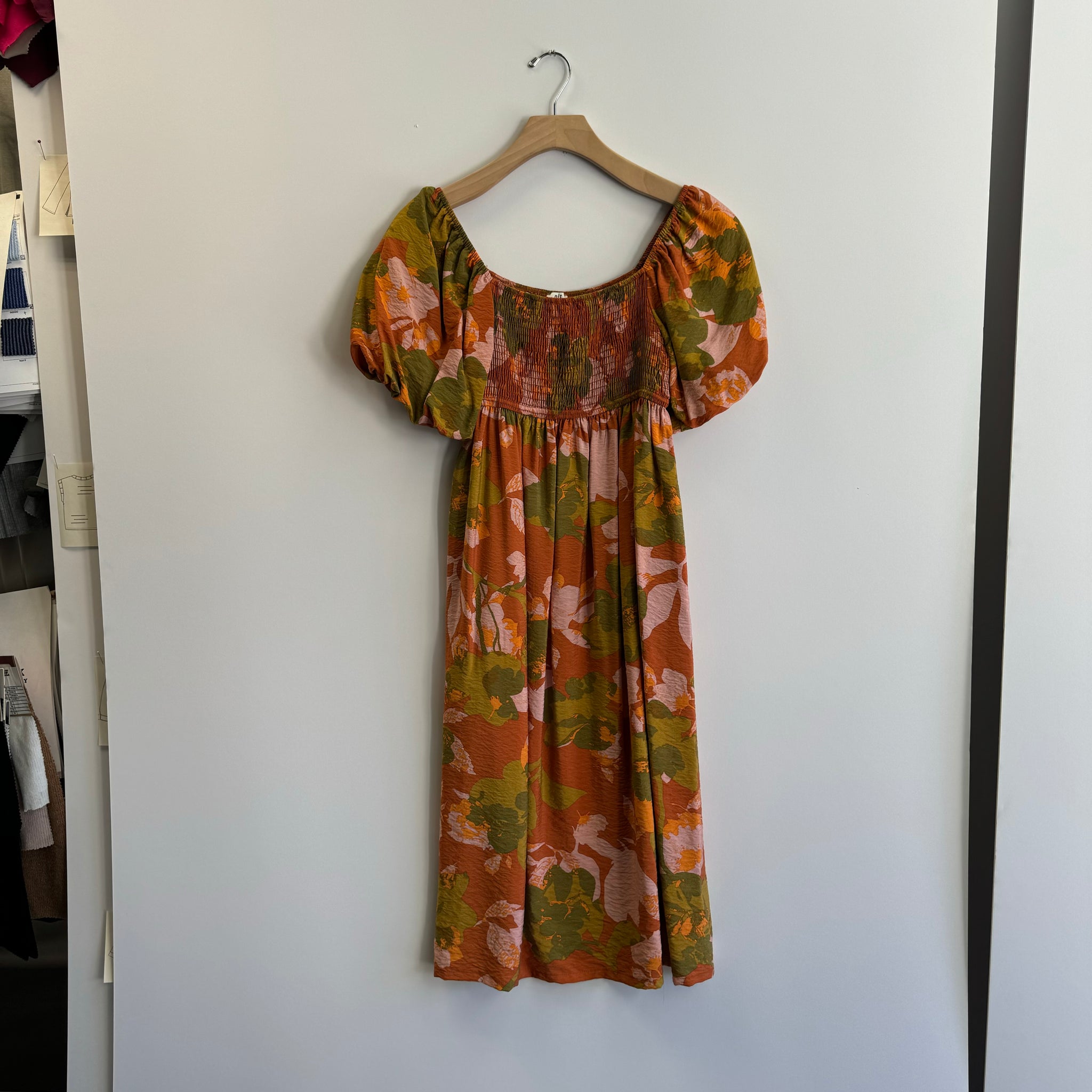 Smocked Floral Dress - Rust/Olive/Pink