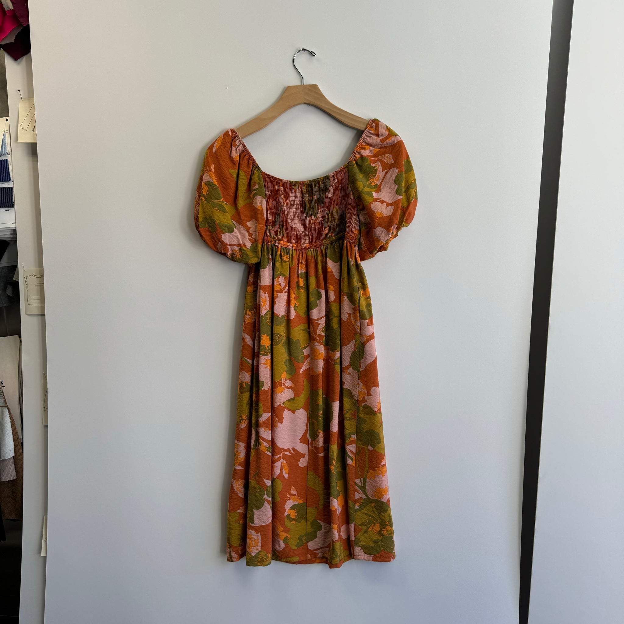 Smocked Floral Dress - Rust/Olive/Pink