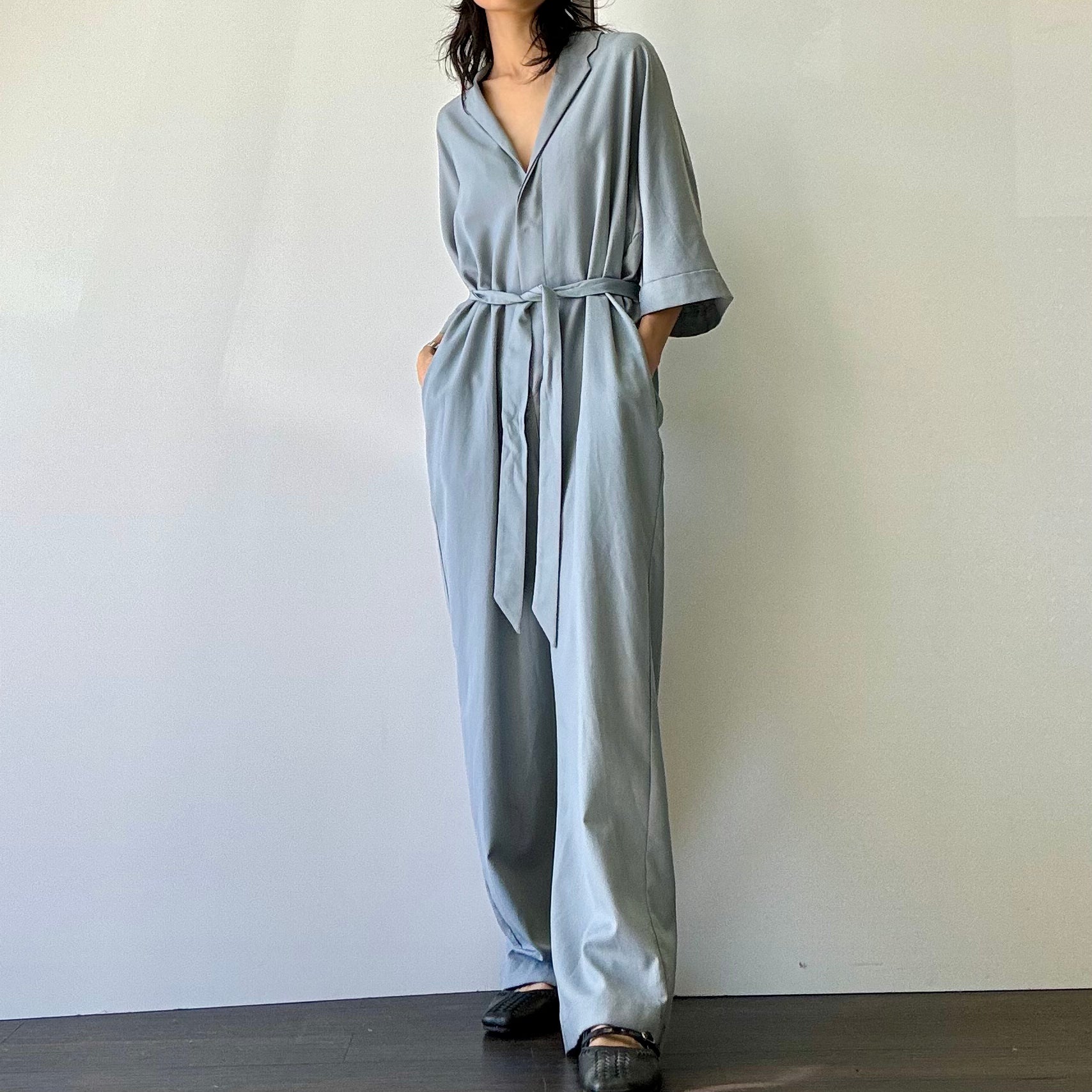 Woven Collared Jumpsuit - Denim Blue