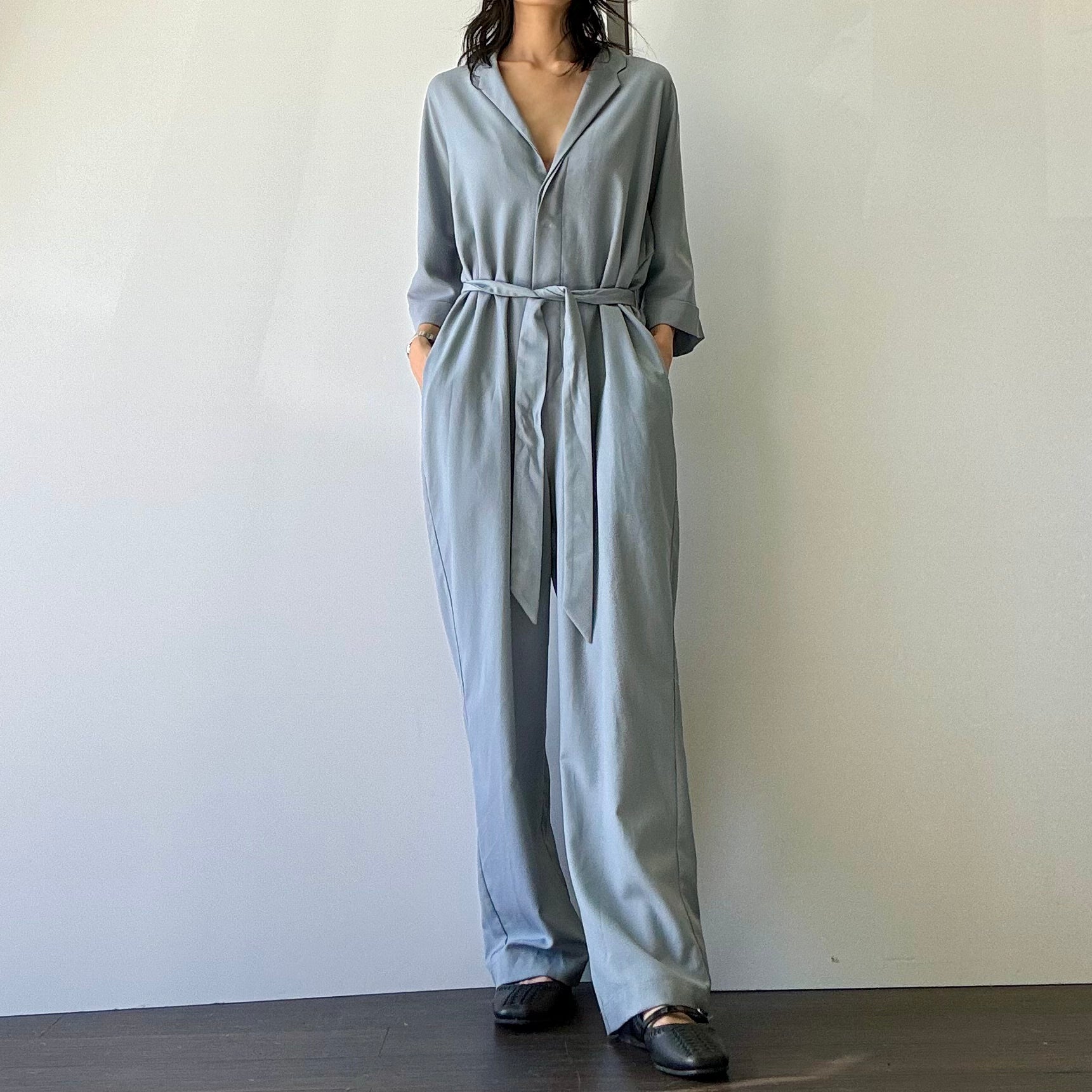 Woven Collared Jumpsuit - Denim Blue