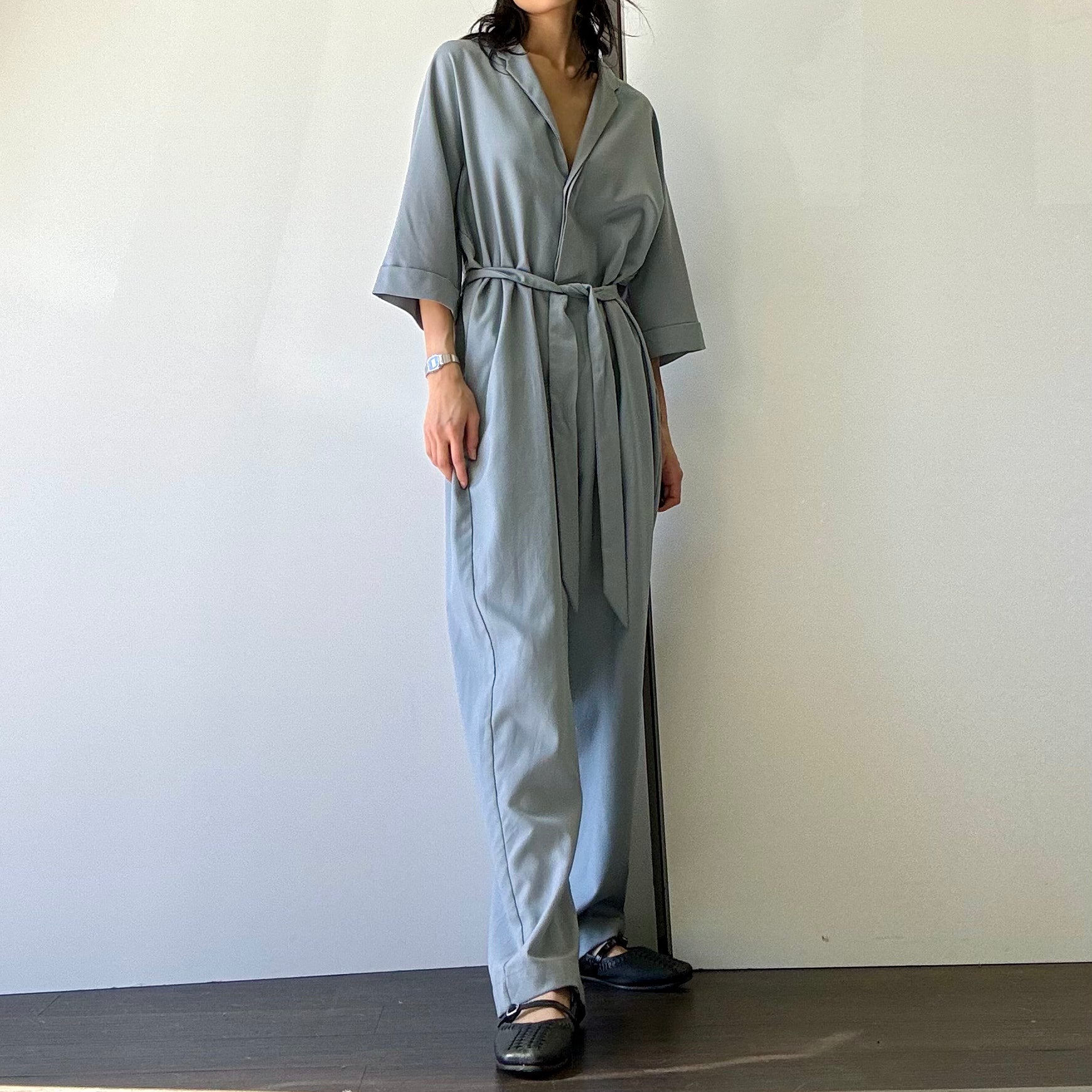 Woven Collared Jumpsuit - Denim Blue