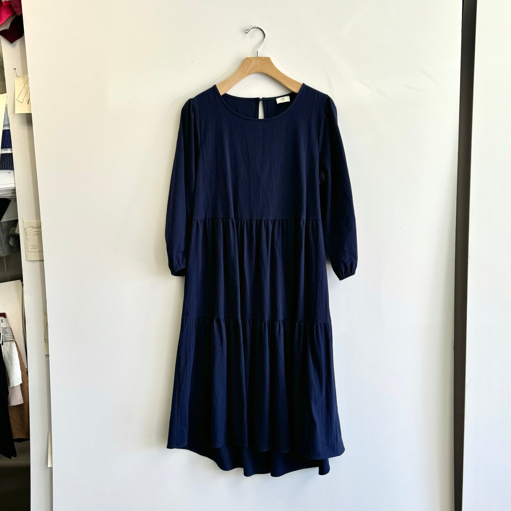 Puff Sleeve Cotton Dress - Navy