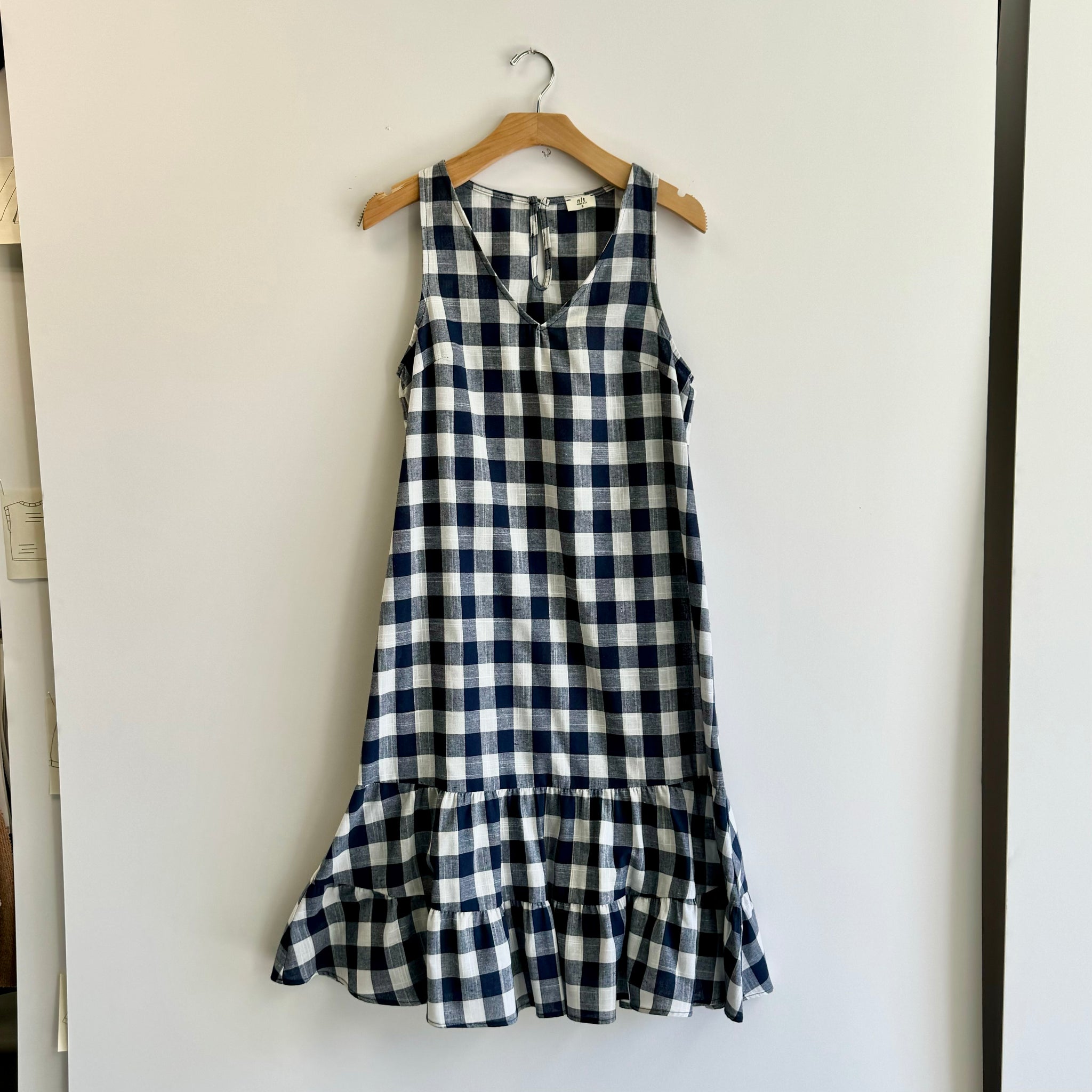 Gingham V-neck Dress - Navy/White