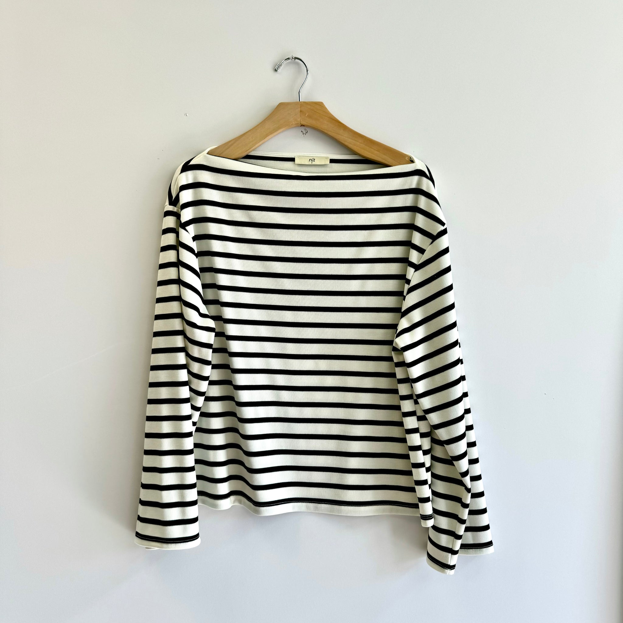 Striped Boat Neck Long Sleeve Top - Black/lvory