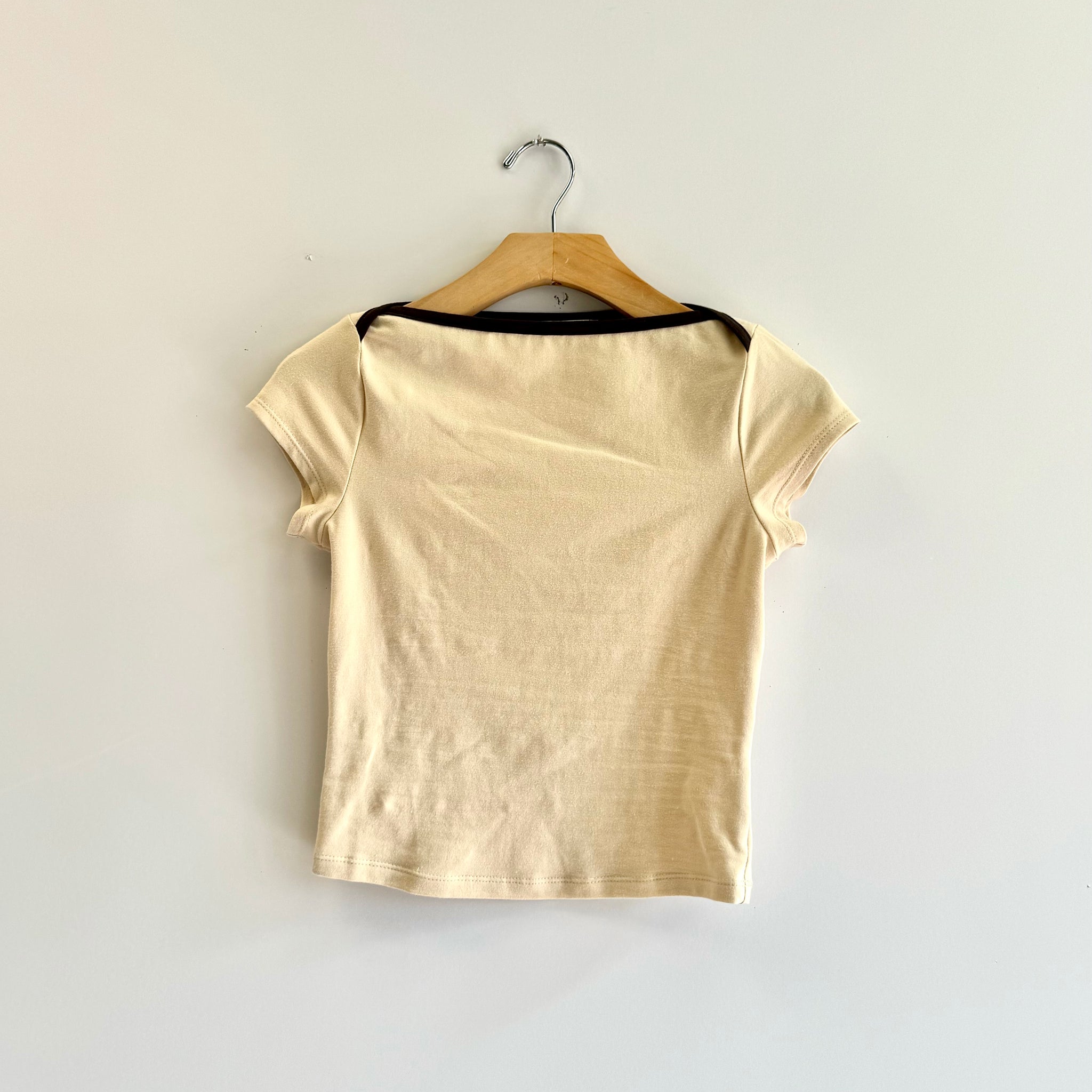 Contrast Binding Boat Neck Baby Tee - Natural/Brown