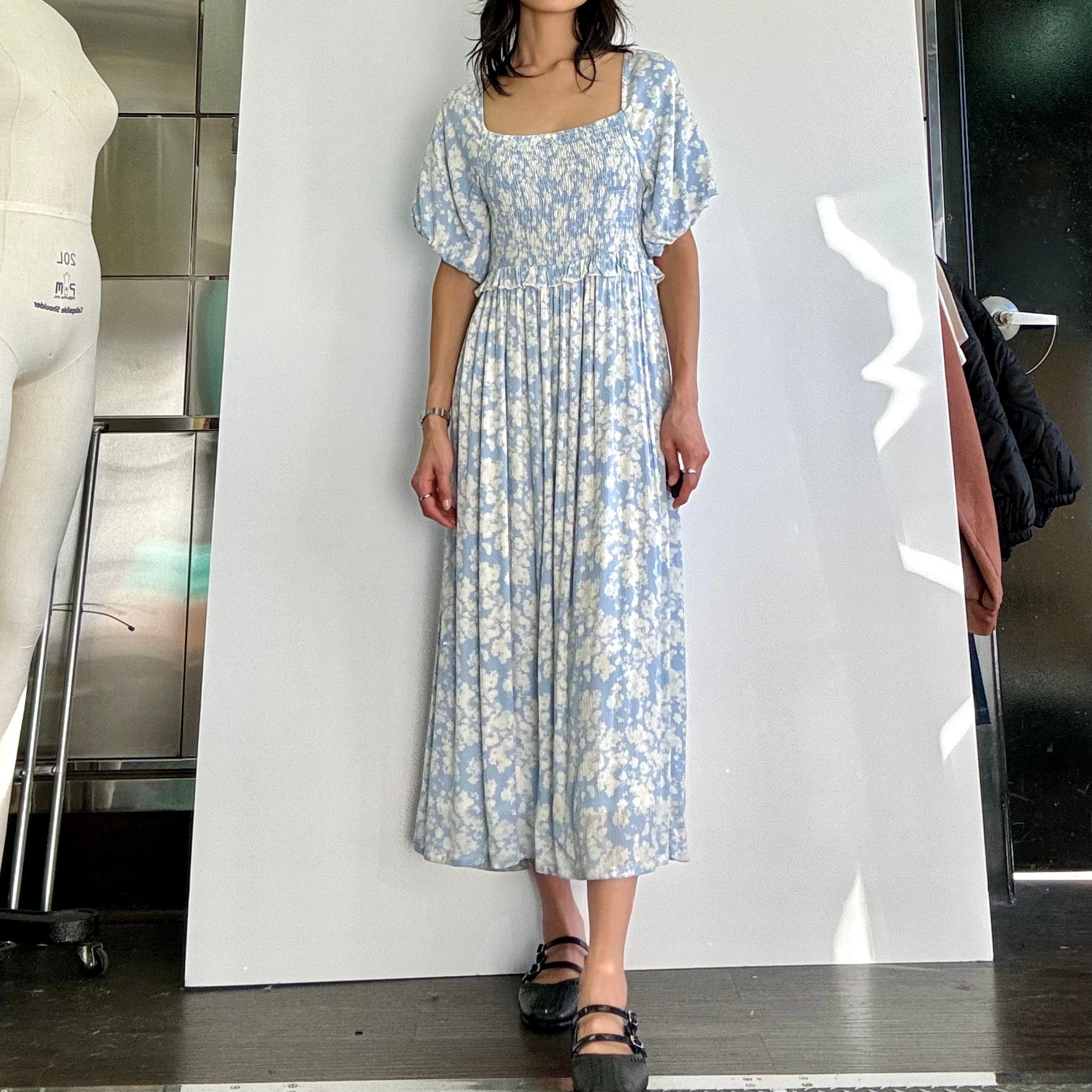 Floral Shirred Dress - Light Blue/White