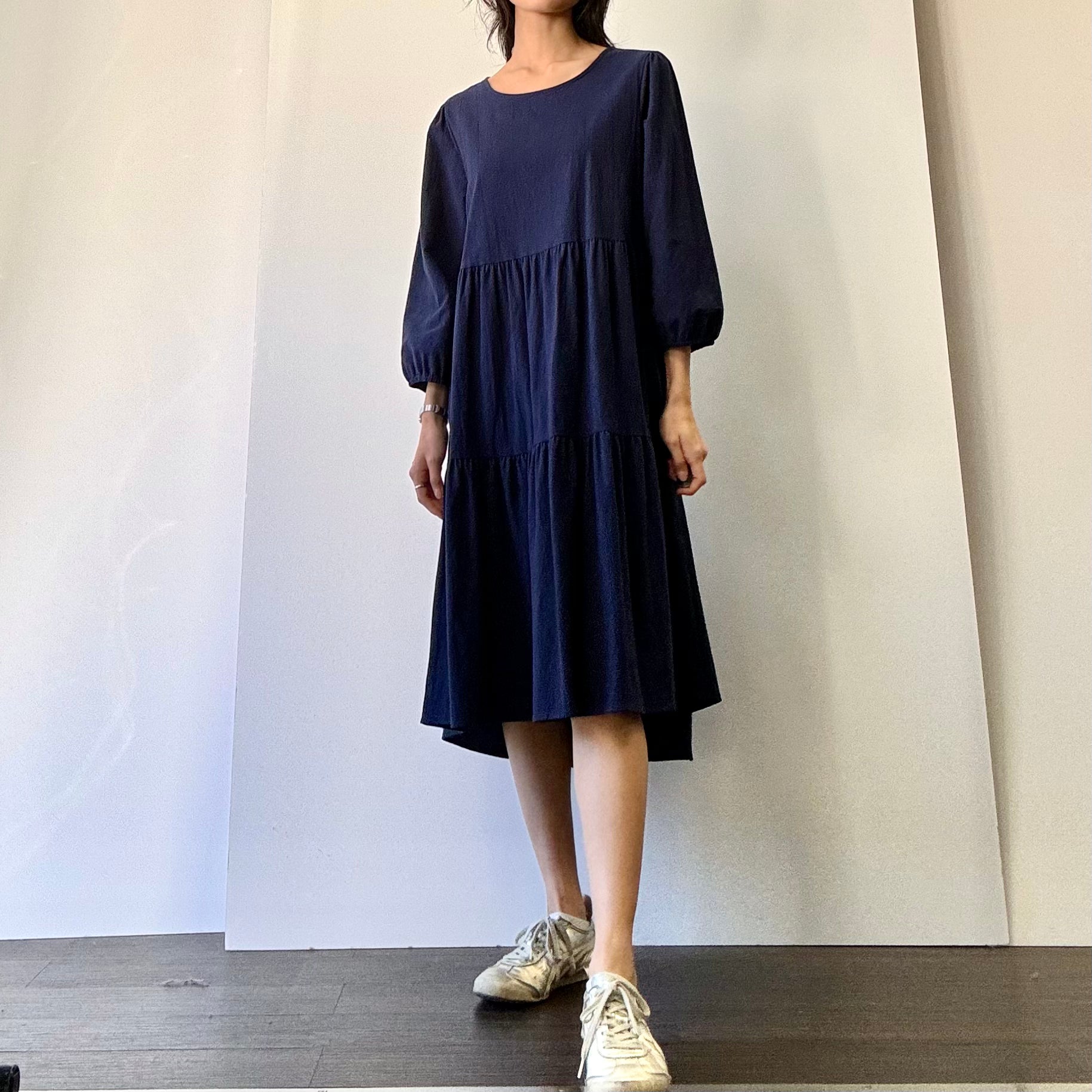 Puff Sleeve Cotton Dress - Navy