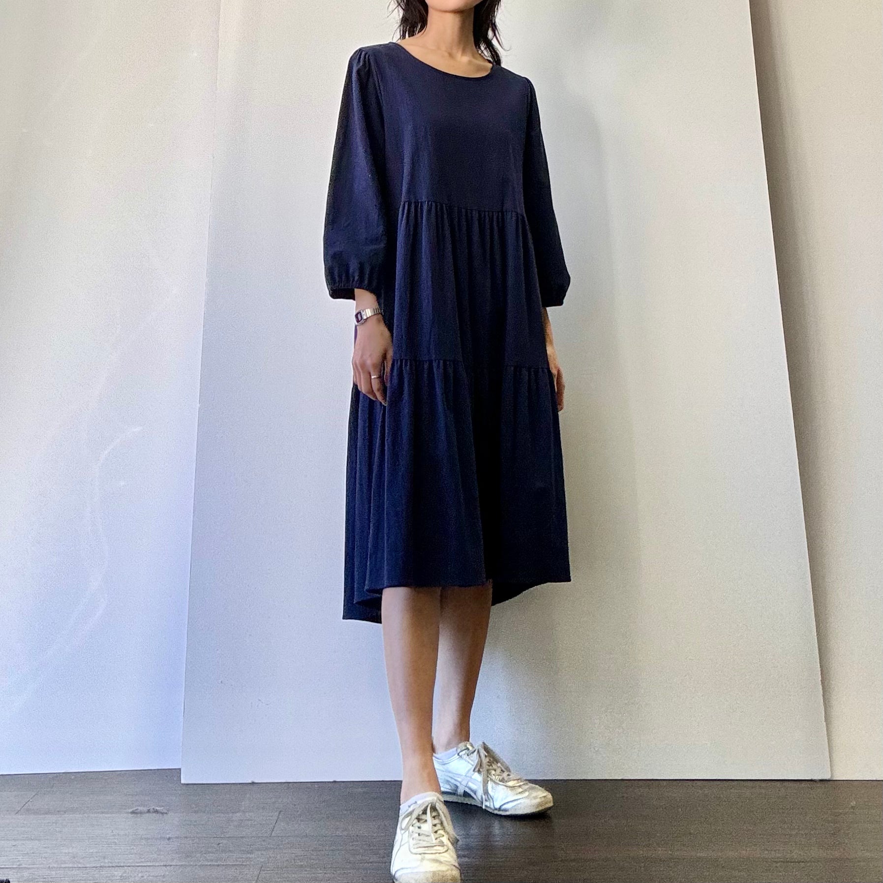 Puff Sleeve Cotton Dress - Navy