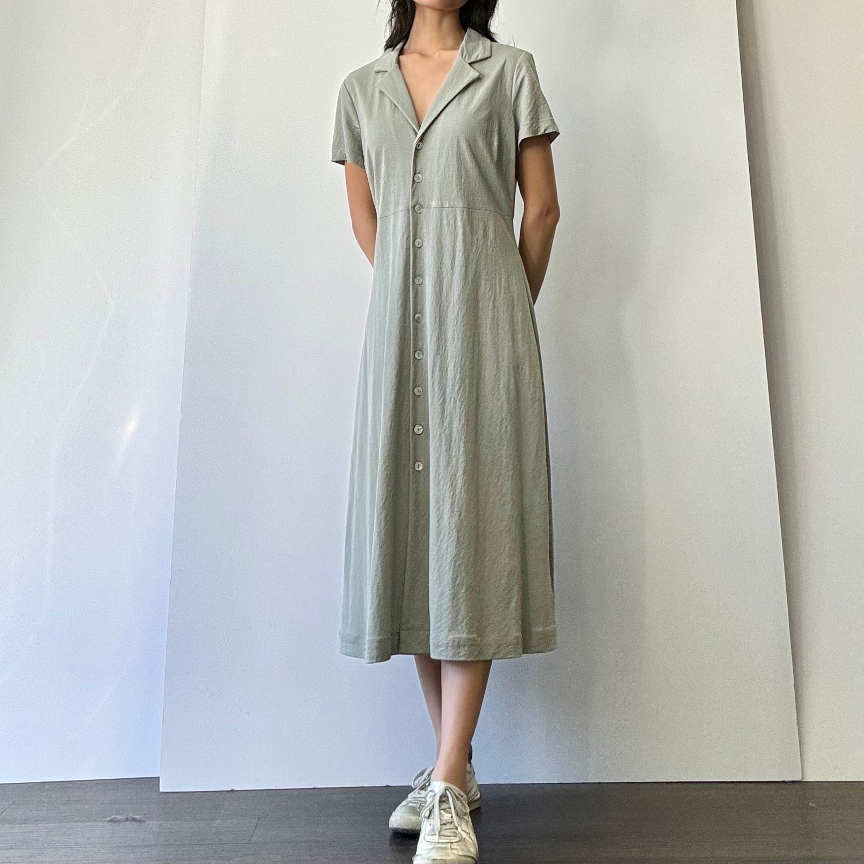 Collared Button Down Woven Dress - Dusty Sage