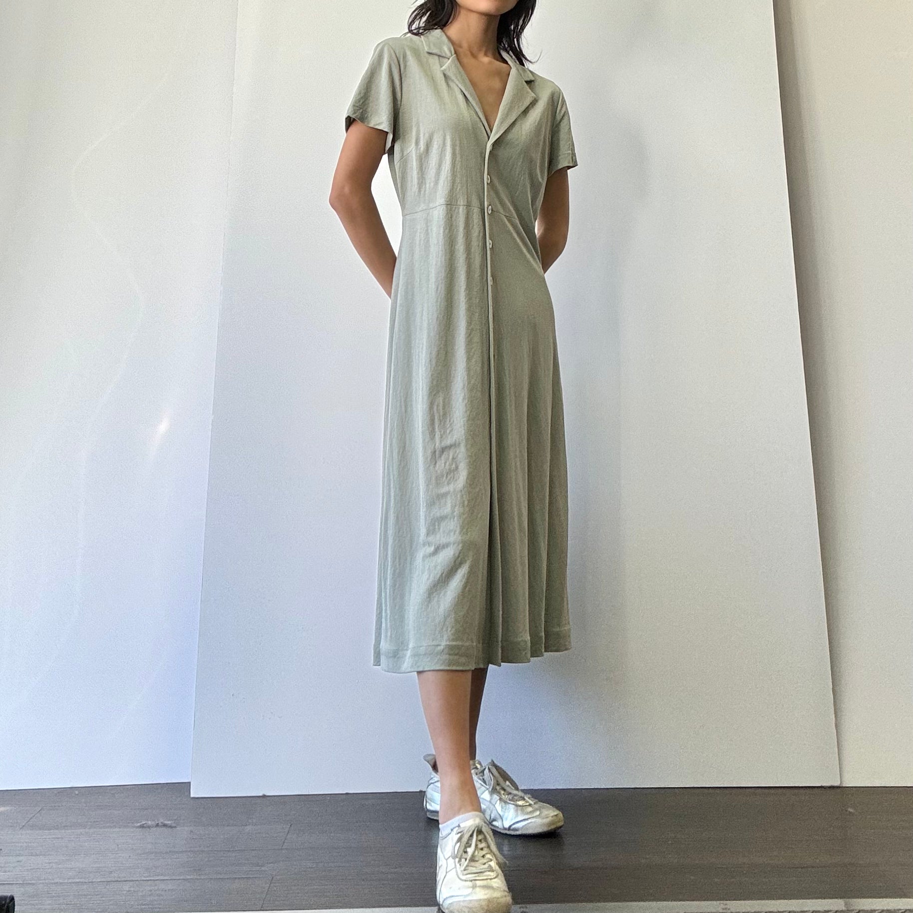 Collared Button Down Woven Dress - Dusty Sage