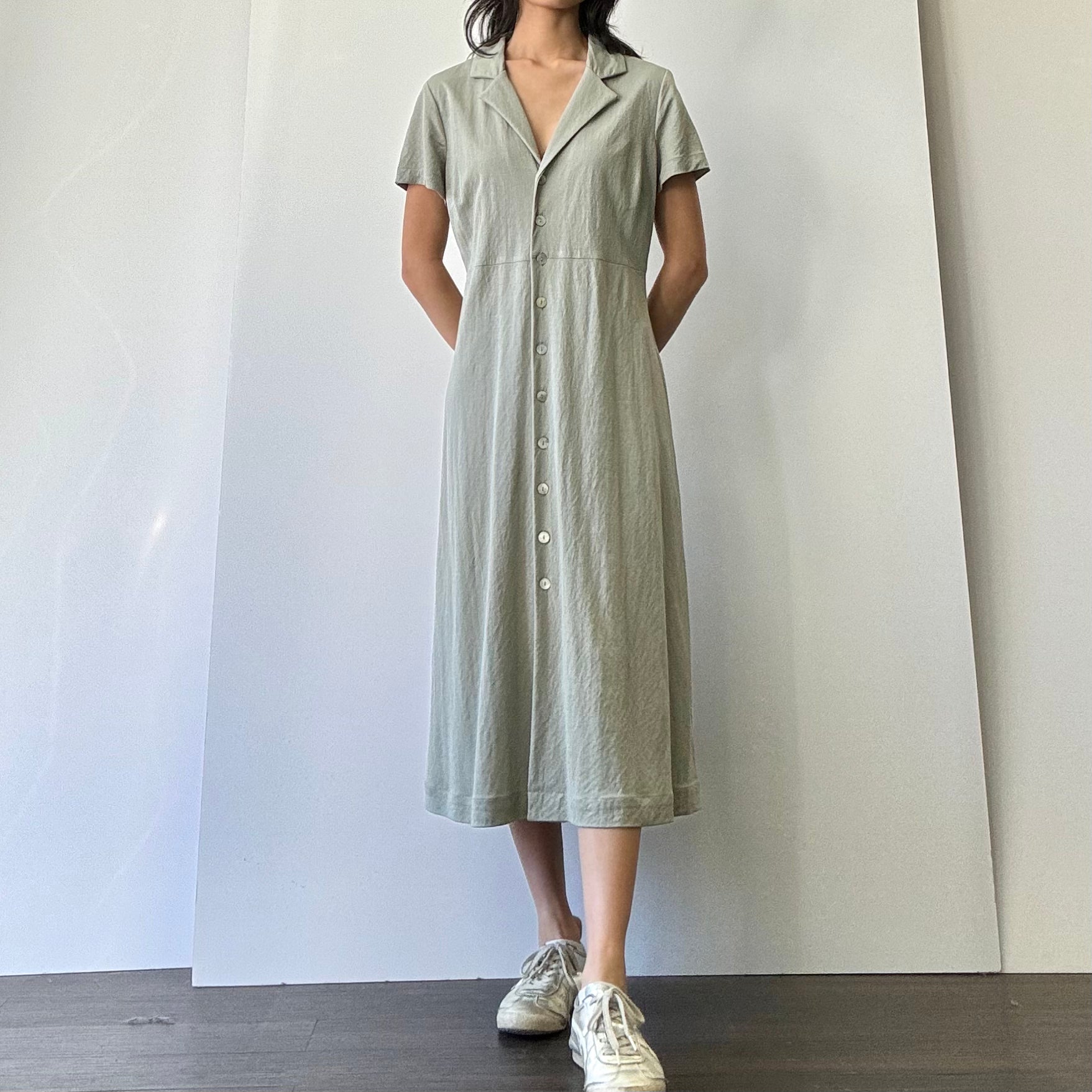 Collared Button Down Woven Dress - Dusty Sage