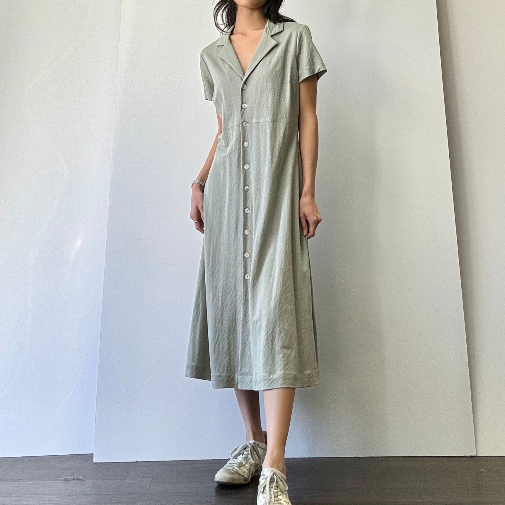 Collared Button Down Woven Dress - Dusty Sage