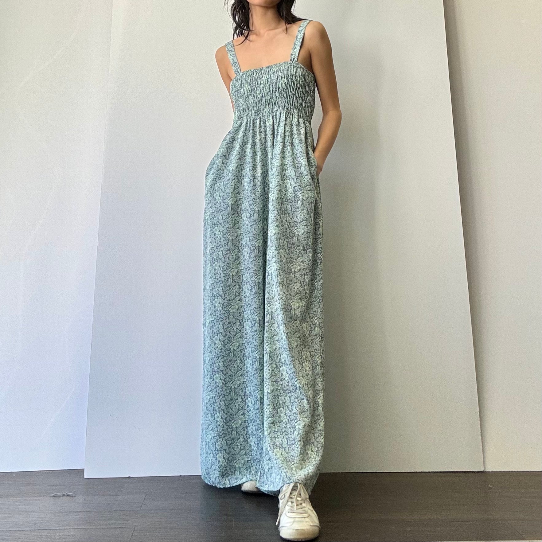 Shirred Full Length Jumpsuit - Blue