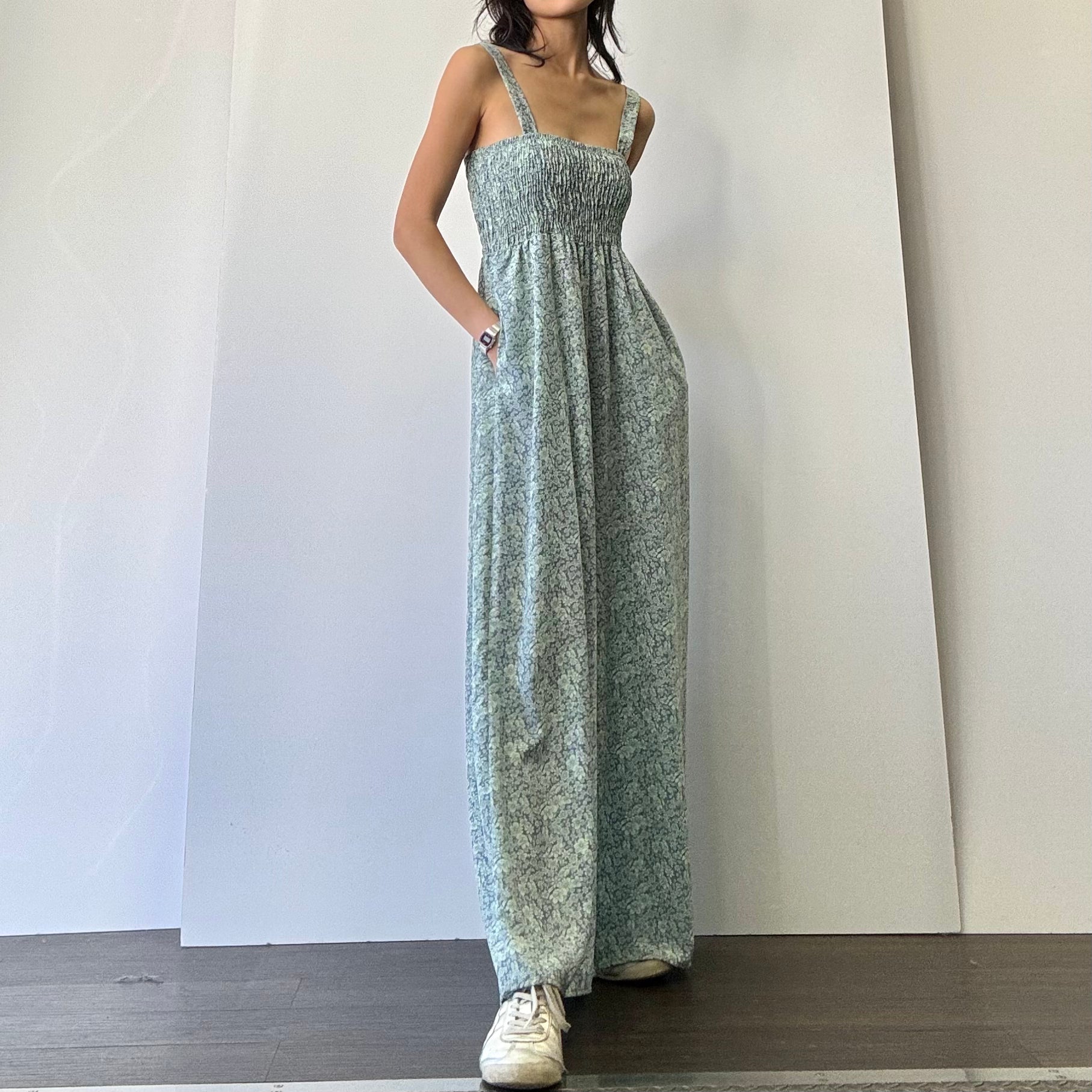 Shirred Full Length Jumpsuit - Blue