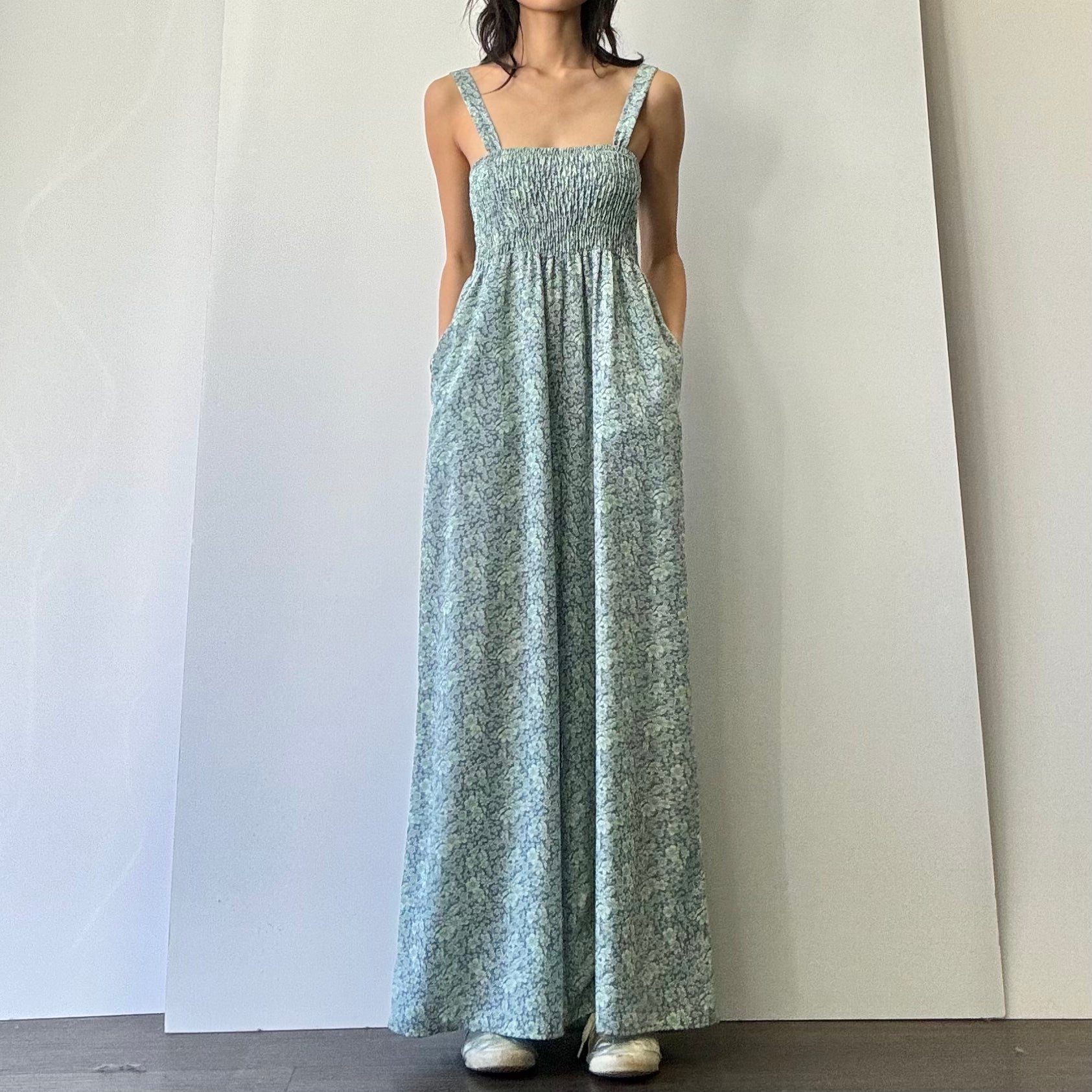 Shirred Full Length Jumpsuit - Blue