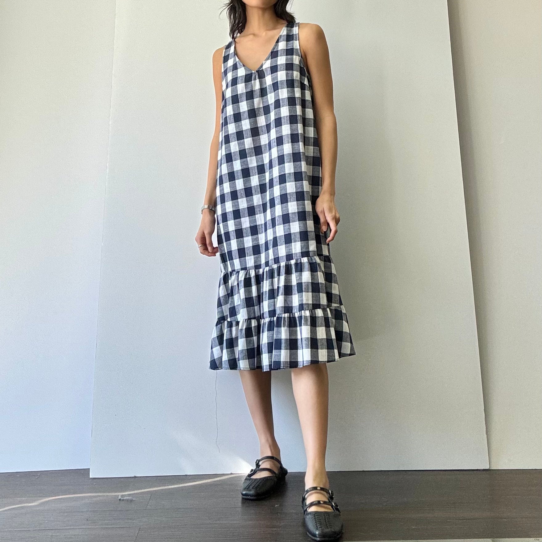 Gingham V-neck Dress - Navy/White