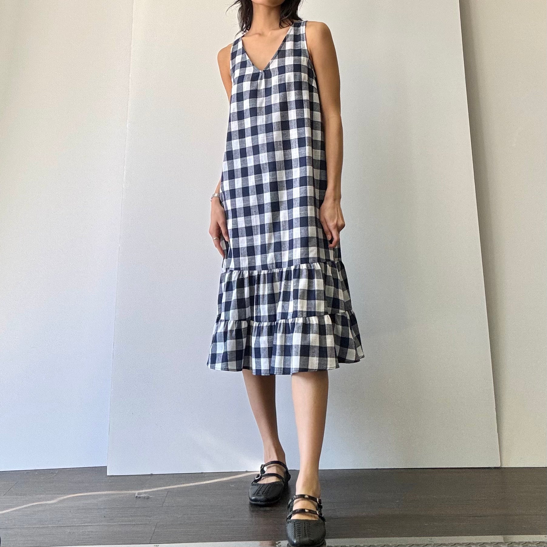 Gingham V-neck Dress - Navy/White