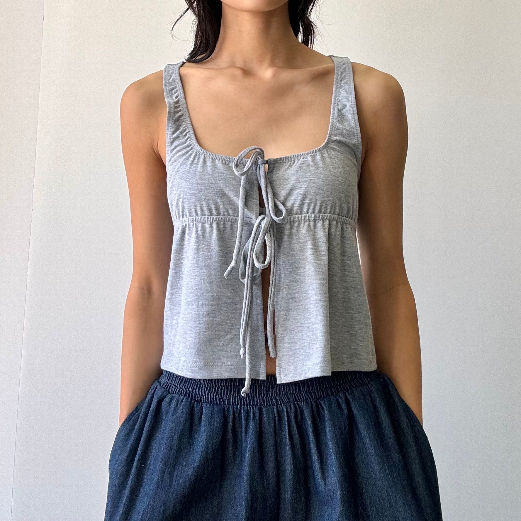 Babydoll Tie Front Jersey Tank - H Grey