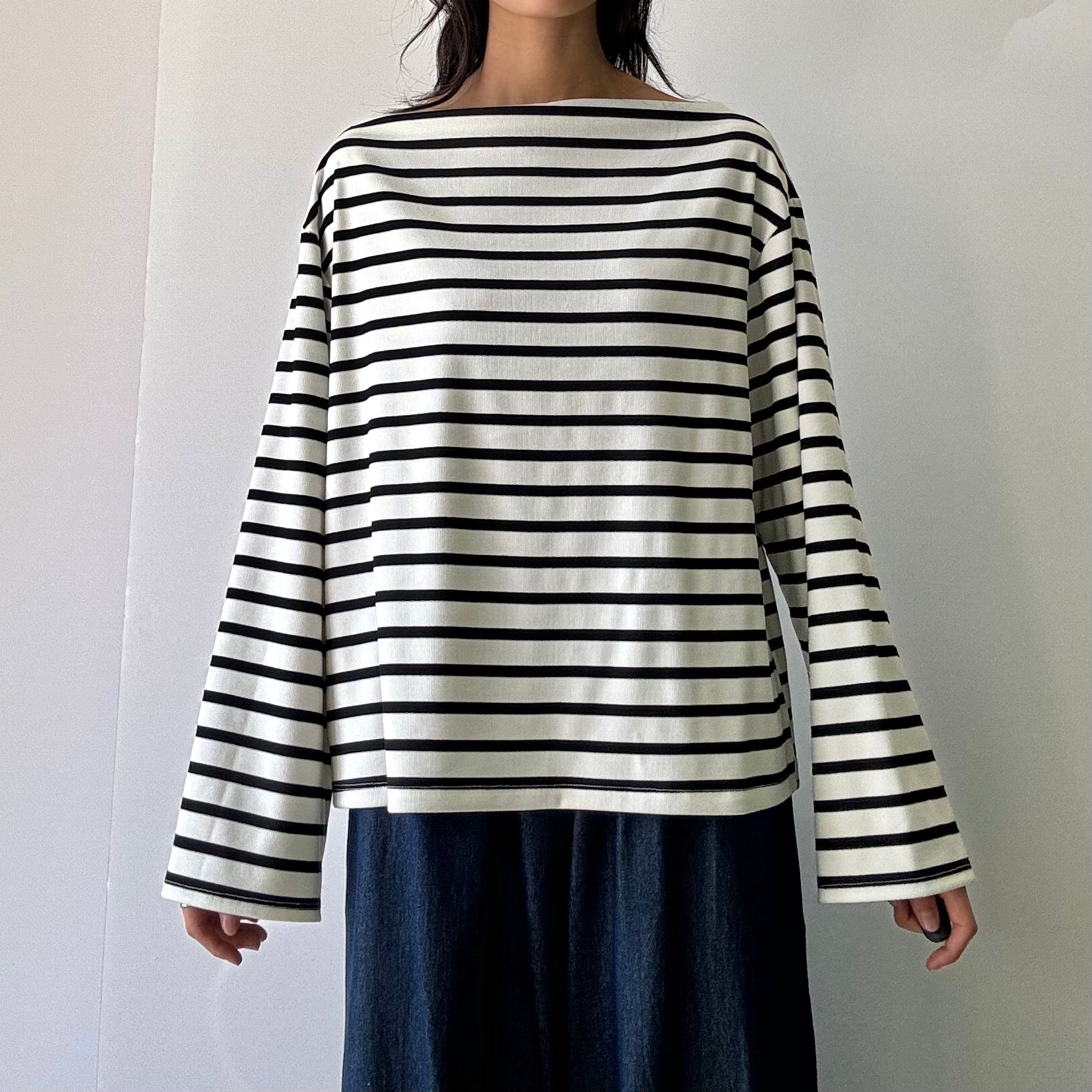 Striped Boat Neck Long Sleeve Top - Black/lvory