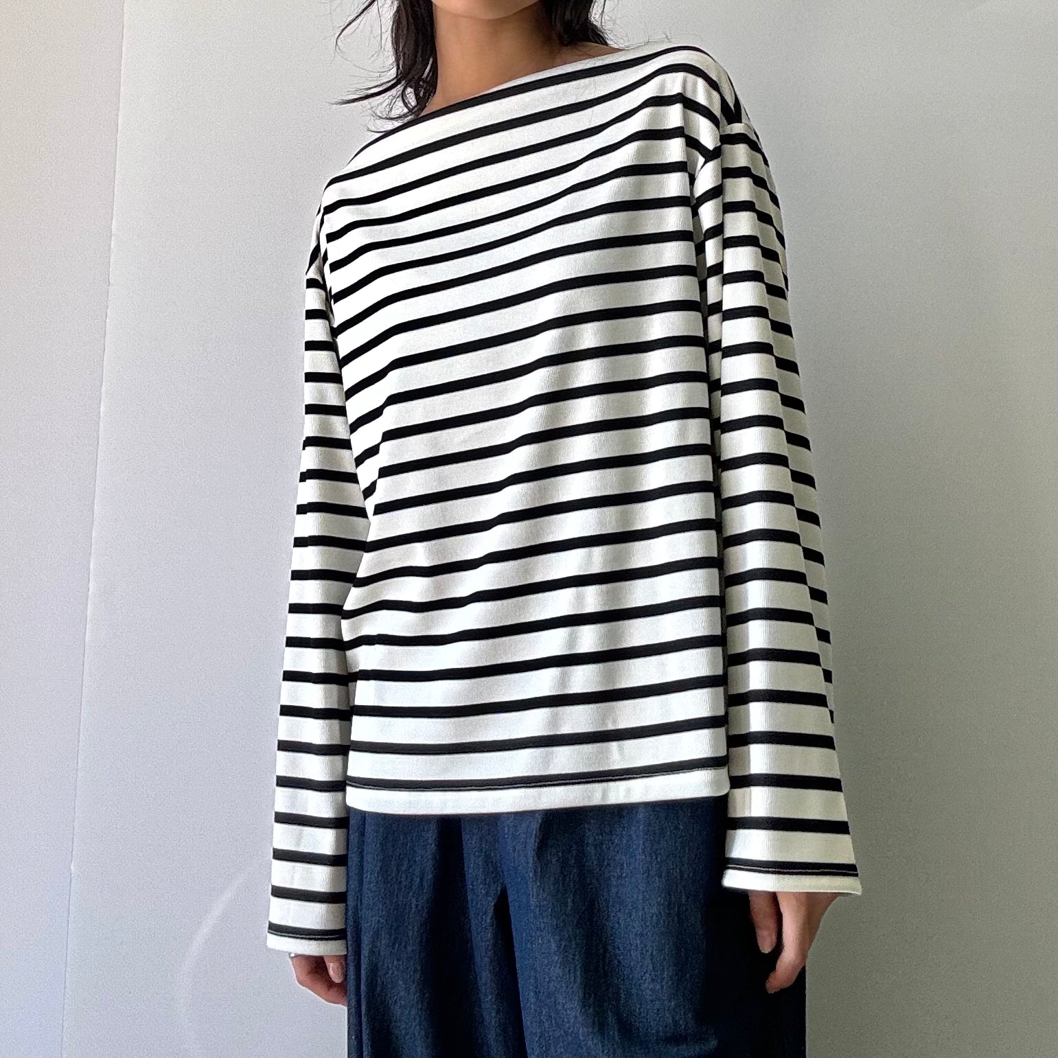 Striped Boat Neck Long Sleeve Top - Black/lvory