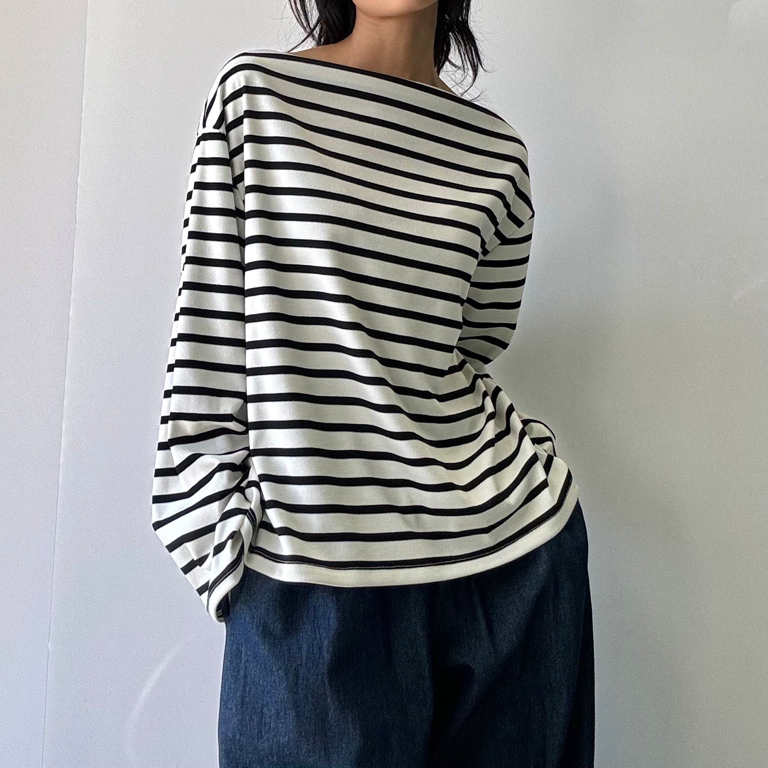 Striped Boat Neck Long Sleeve Top - Black/lvory