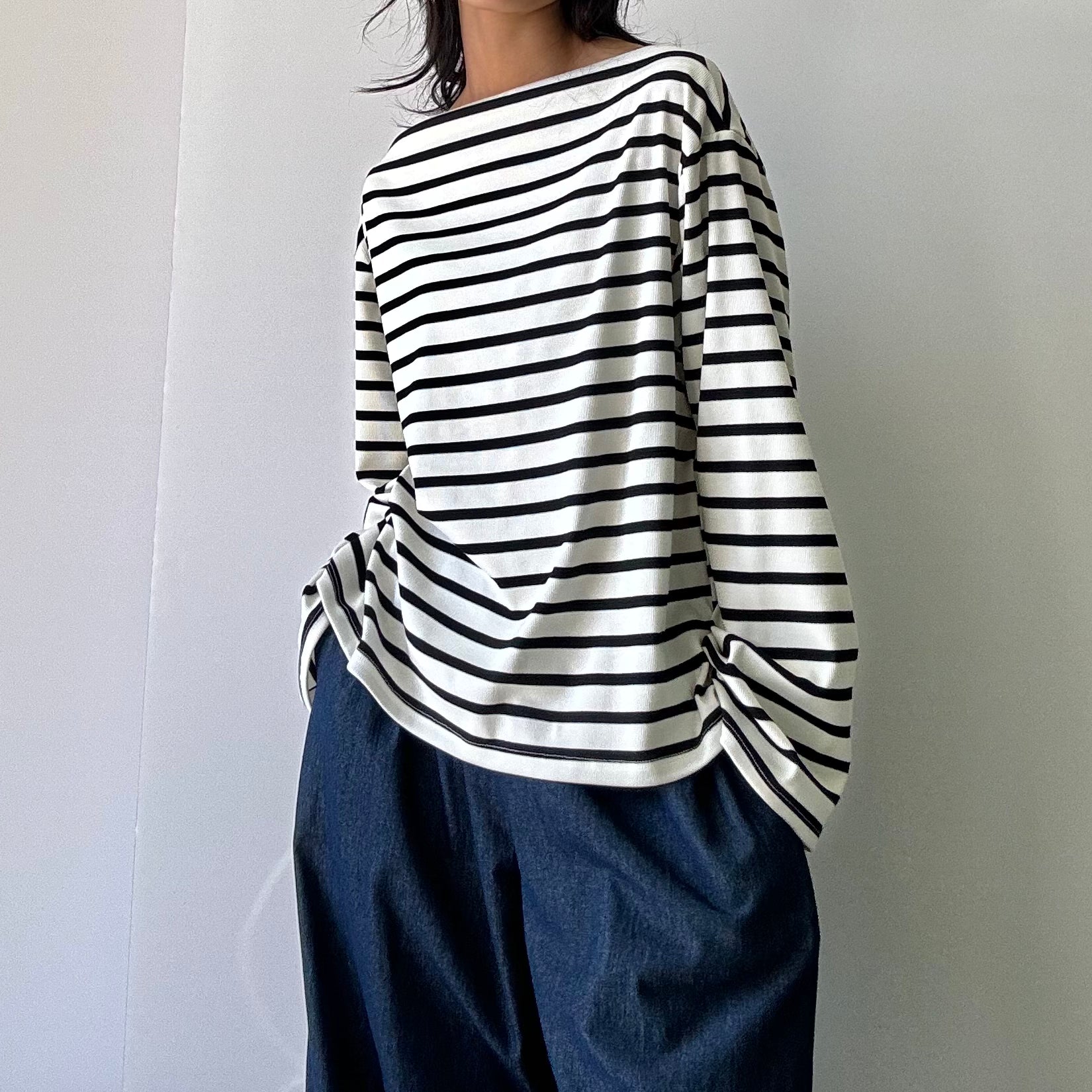 Striped Boat Neck Long Sleeve Top - Black/lvory