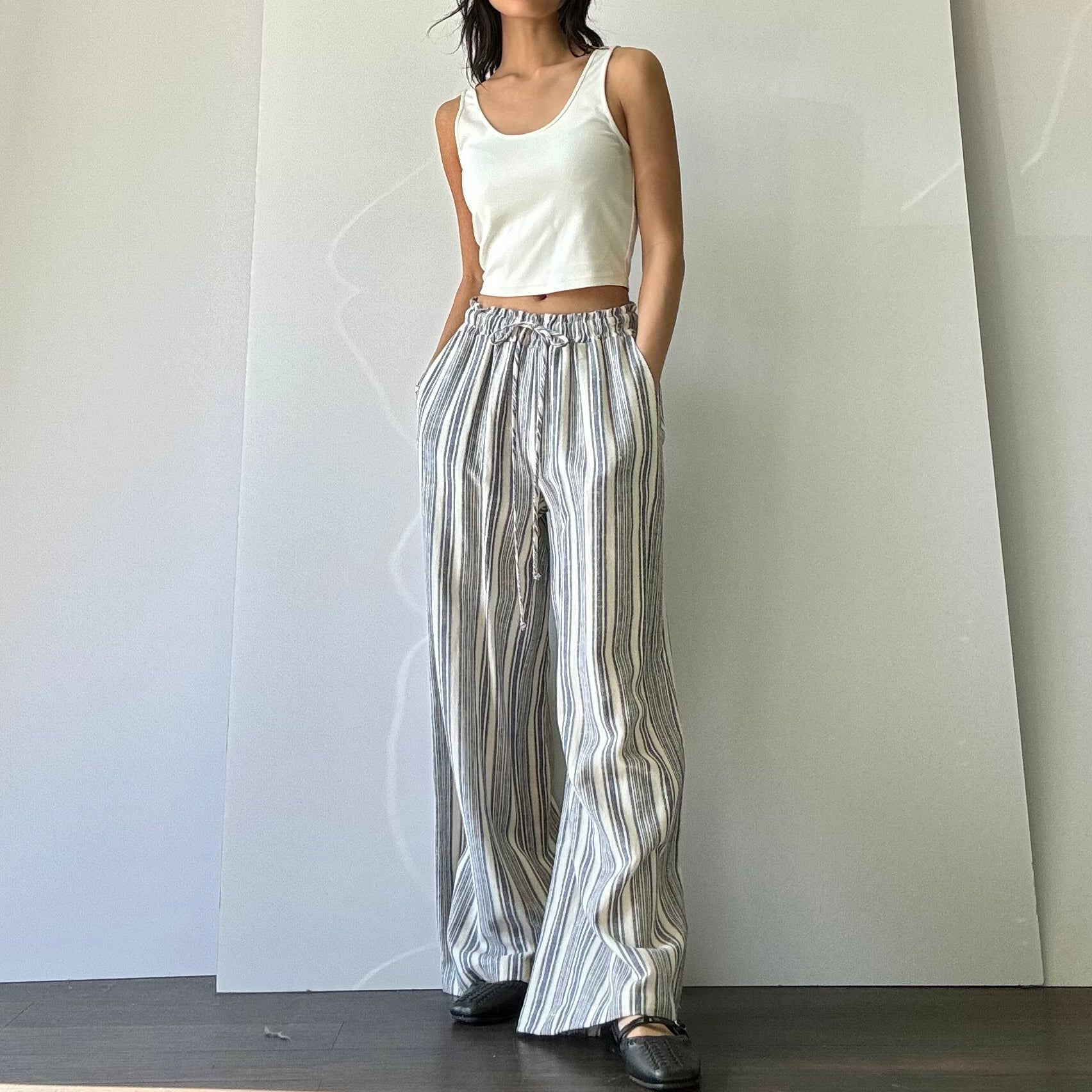 Striped Linen Wide Leg Pant - Blue/Ivory