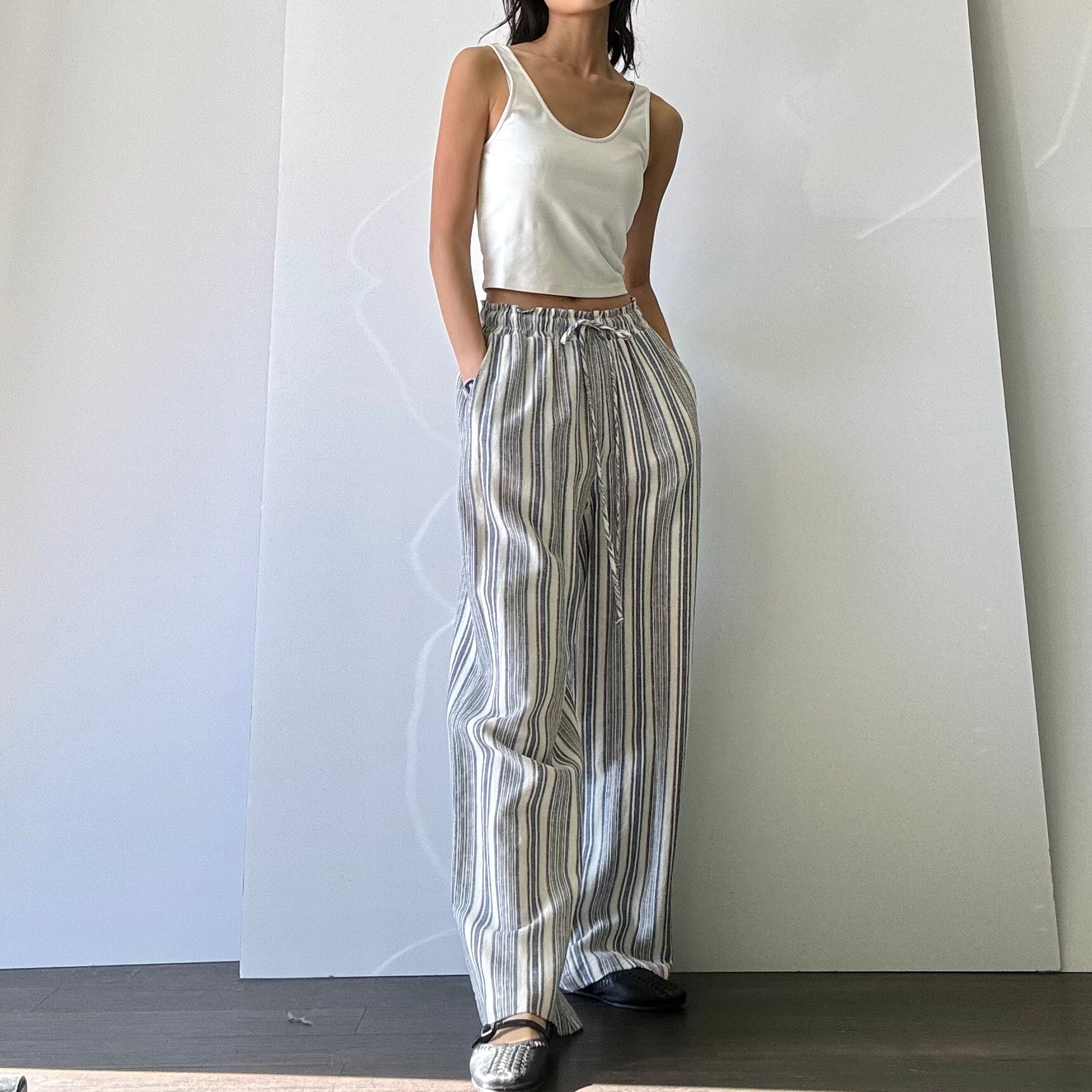 Striped Linen Wide Leg Pant - Blue/Ivory