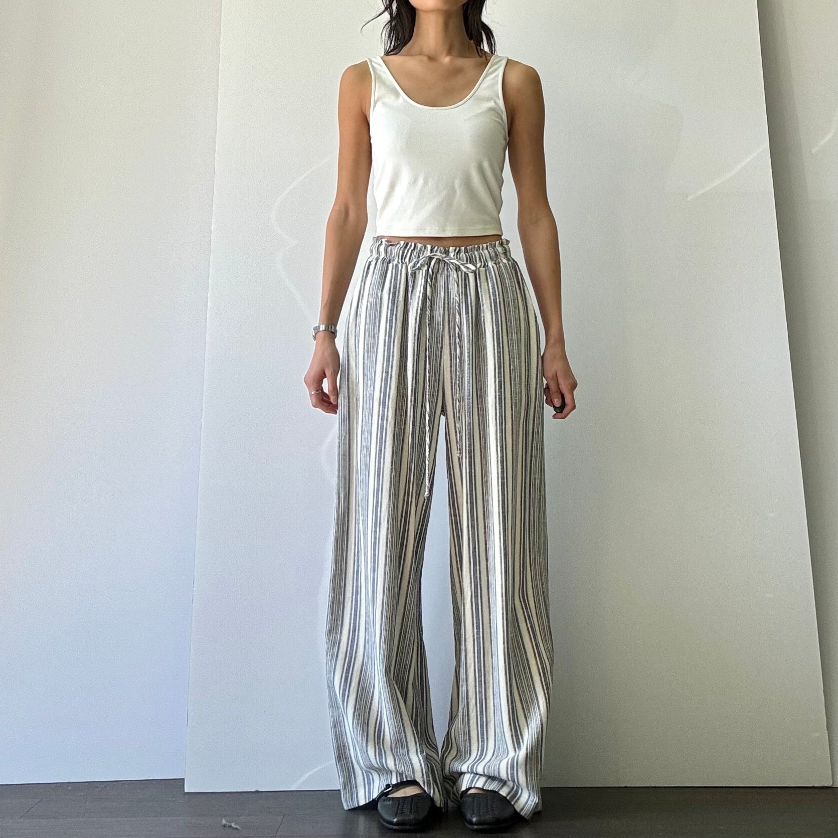 Striped Linen Wide Leg Pant - Blue/Ivory