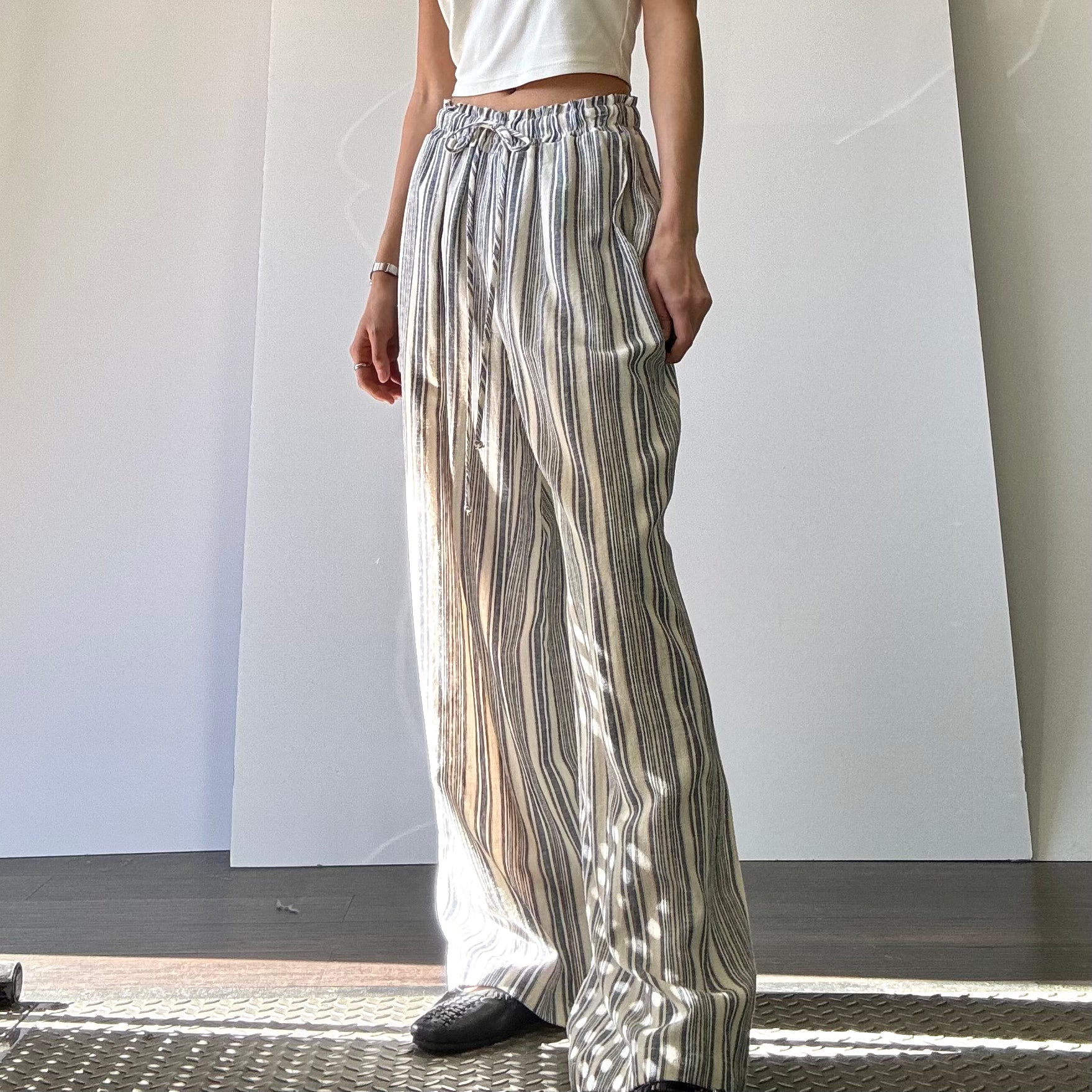 Striped Linen Wide Leg Pant - Blue/Ivory