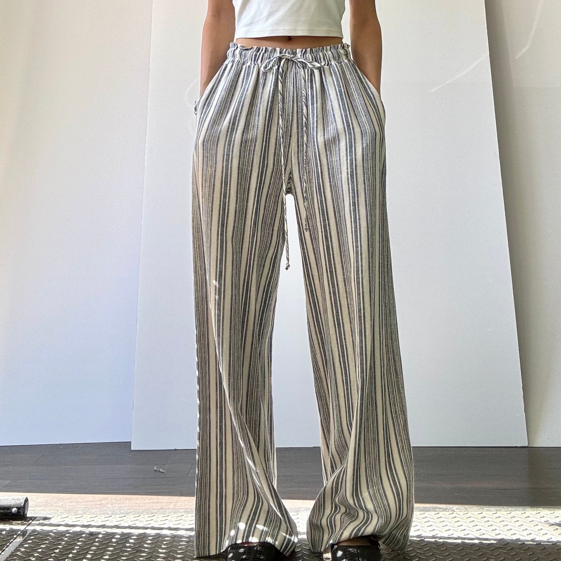 Striped Linen Wide Leg Pant - Blue/Ivory