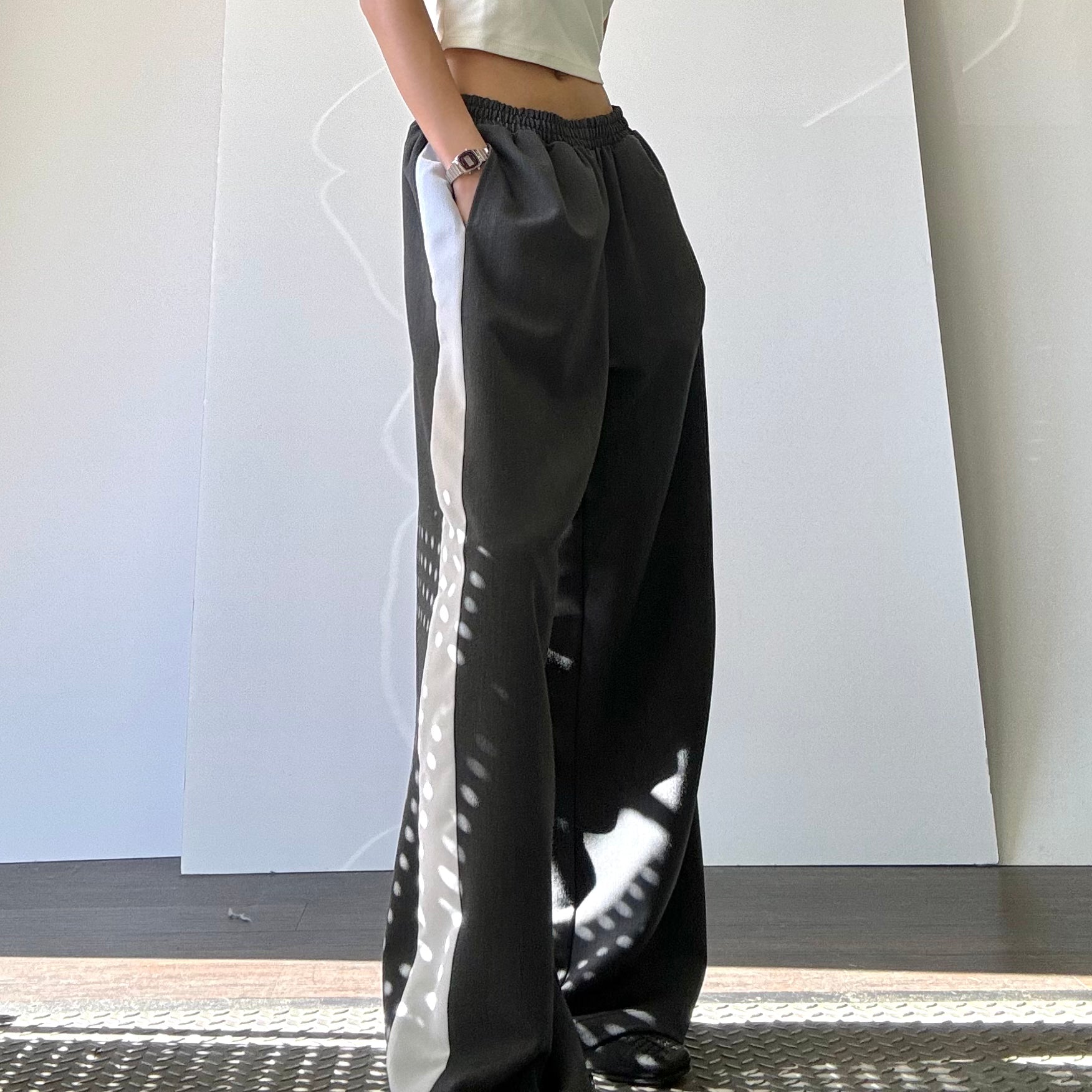 Wide Leg Track Pant - Charcoal/White