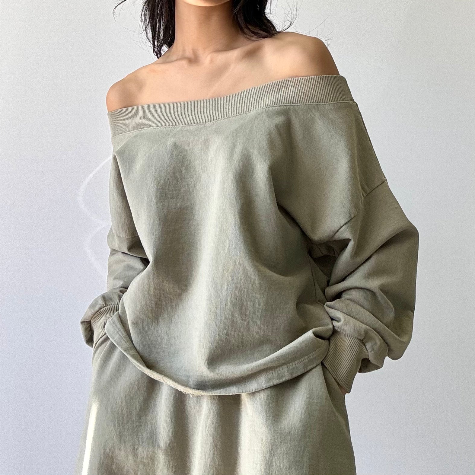 Garment Dyed Off Shoulder French Terry Sweatshirt - Vintage Sage