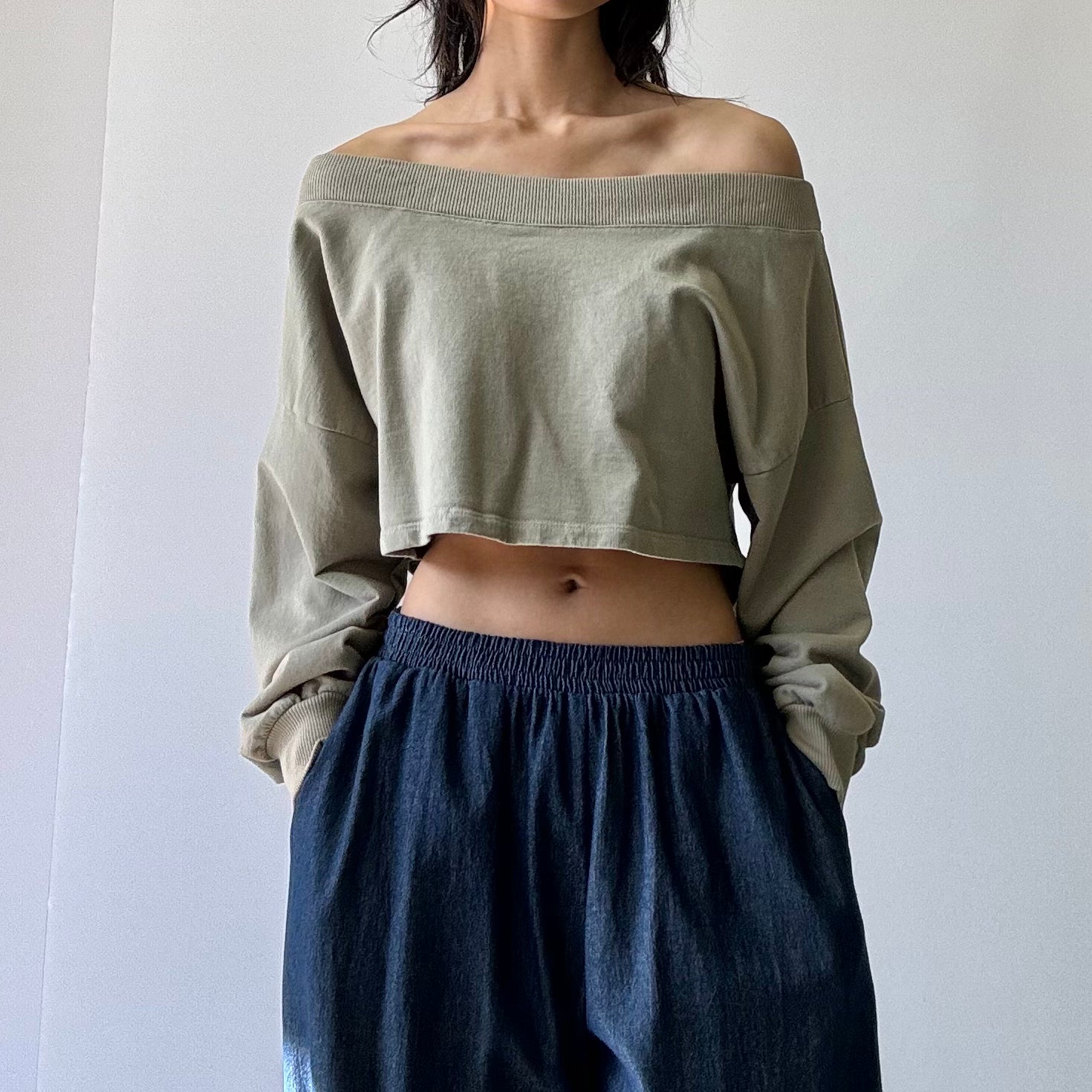 Crop Length Off Shoulder Sweatshirt - Vintage Sage