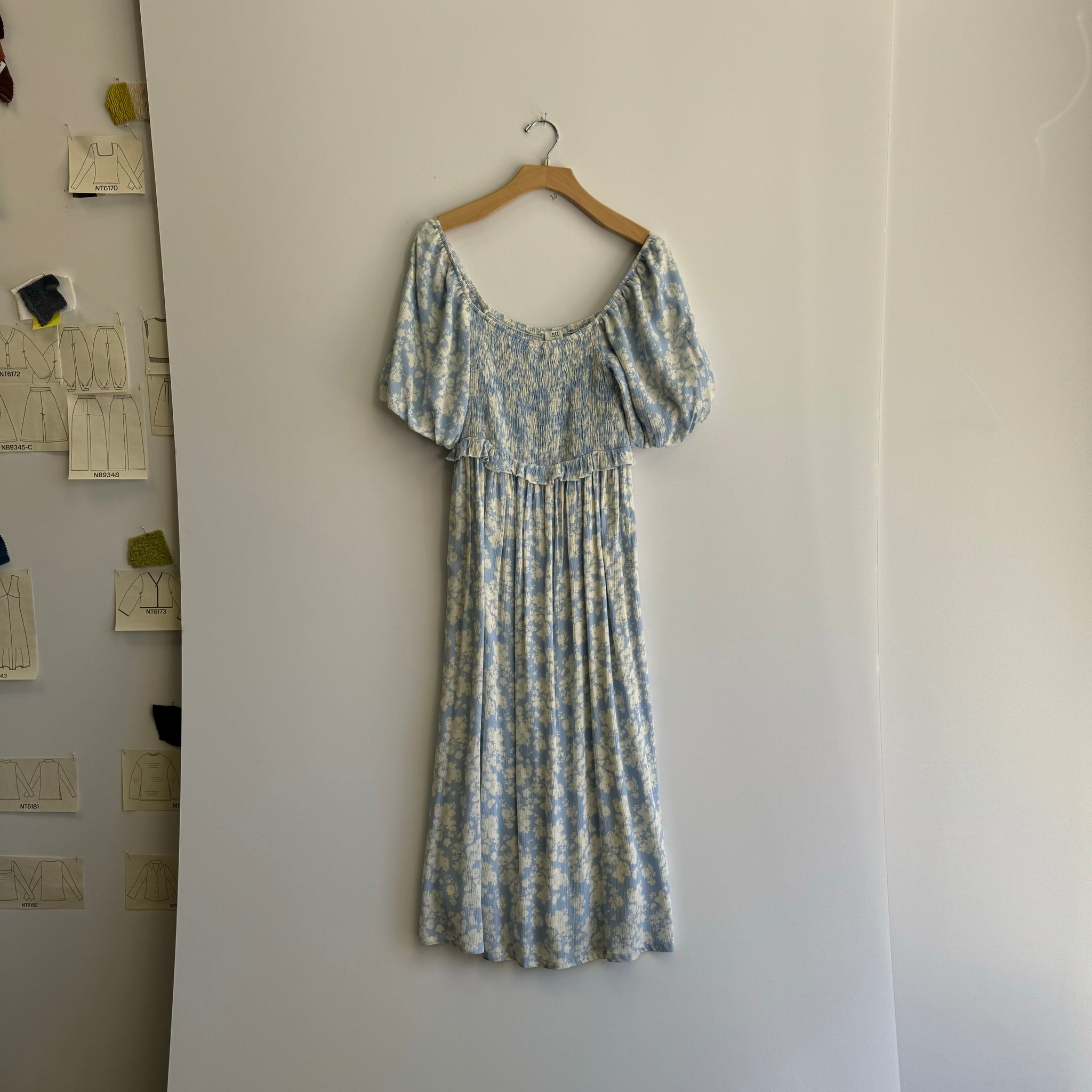 Floral Shirred Dress - Light Blue/White