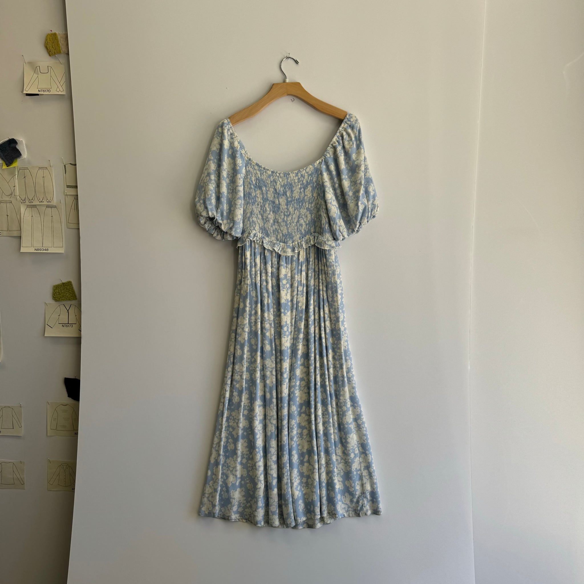 Floral Shirred Dress - Light Blue/White