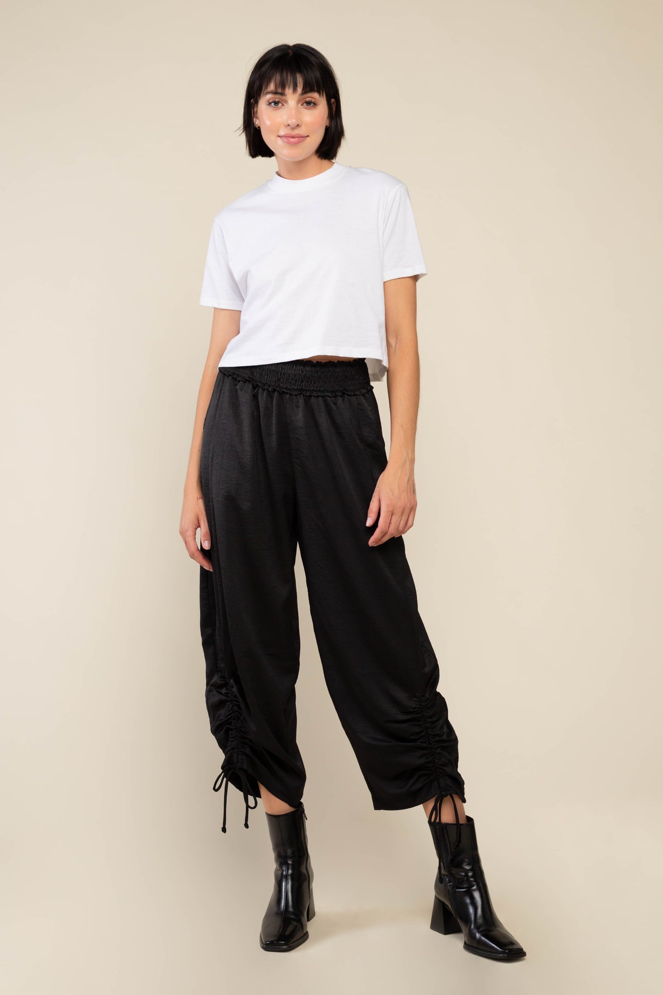 Satin Pants with Smocked Waist