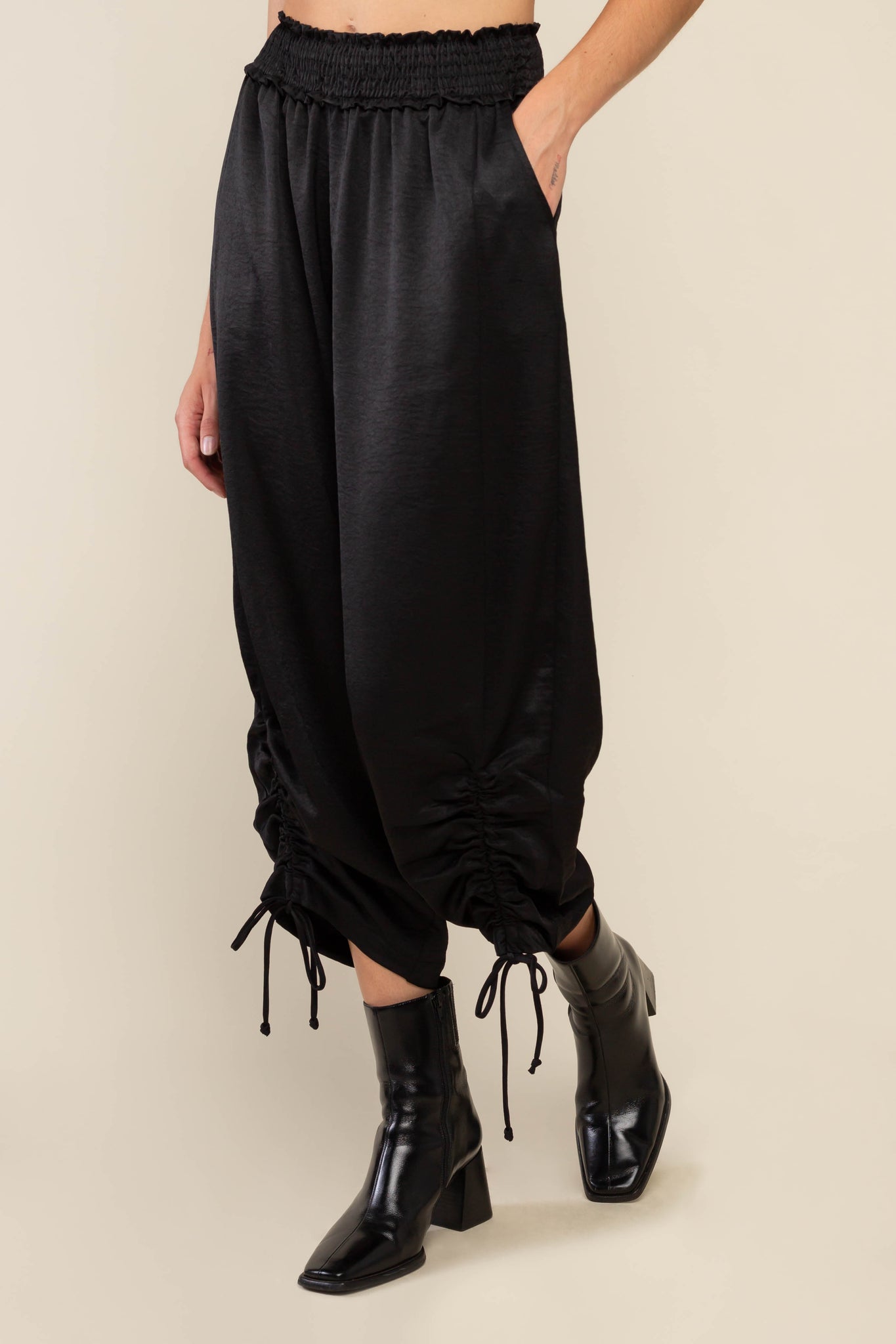 Satin Pants with Smocked Waist