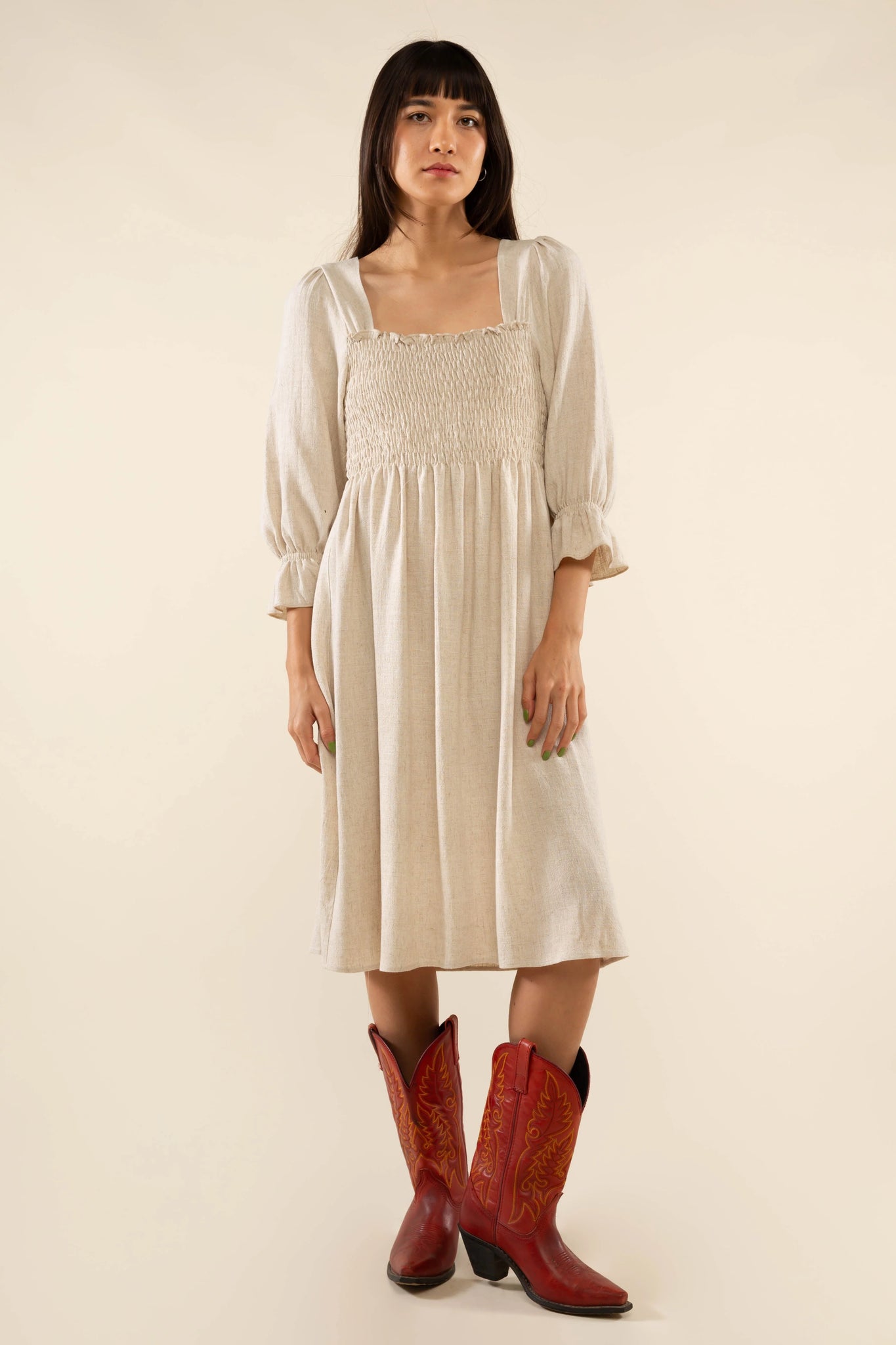 Shirred 3/4 Sleeve Linen Dress
